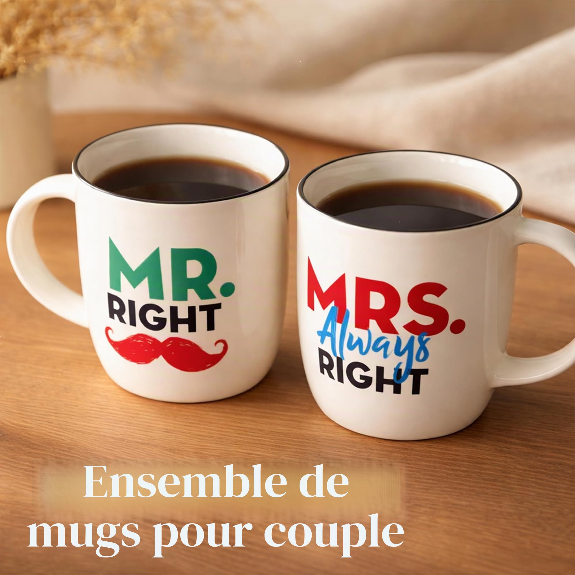 Gifffted Tasse Duo Mr Right Et Mrs Always Right, Mug Original Idée Cadeau Anniversaire Mariage, Pour Couple, Femme, Homme, Amis, Amoureux, Elle, Lui, Noel, Cafe, Tasse Humour