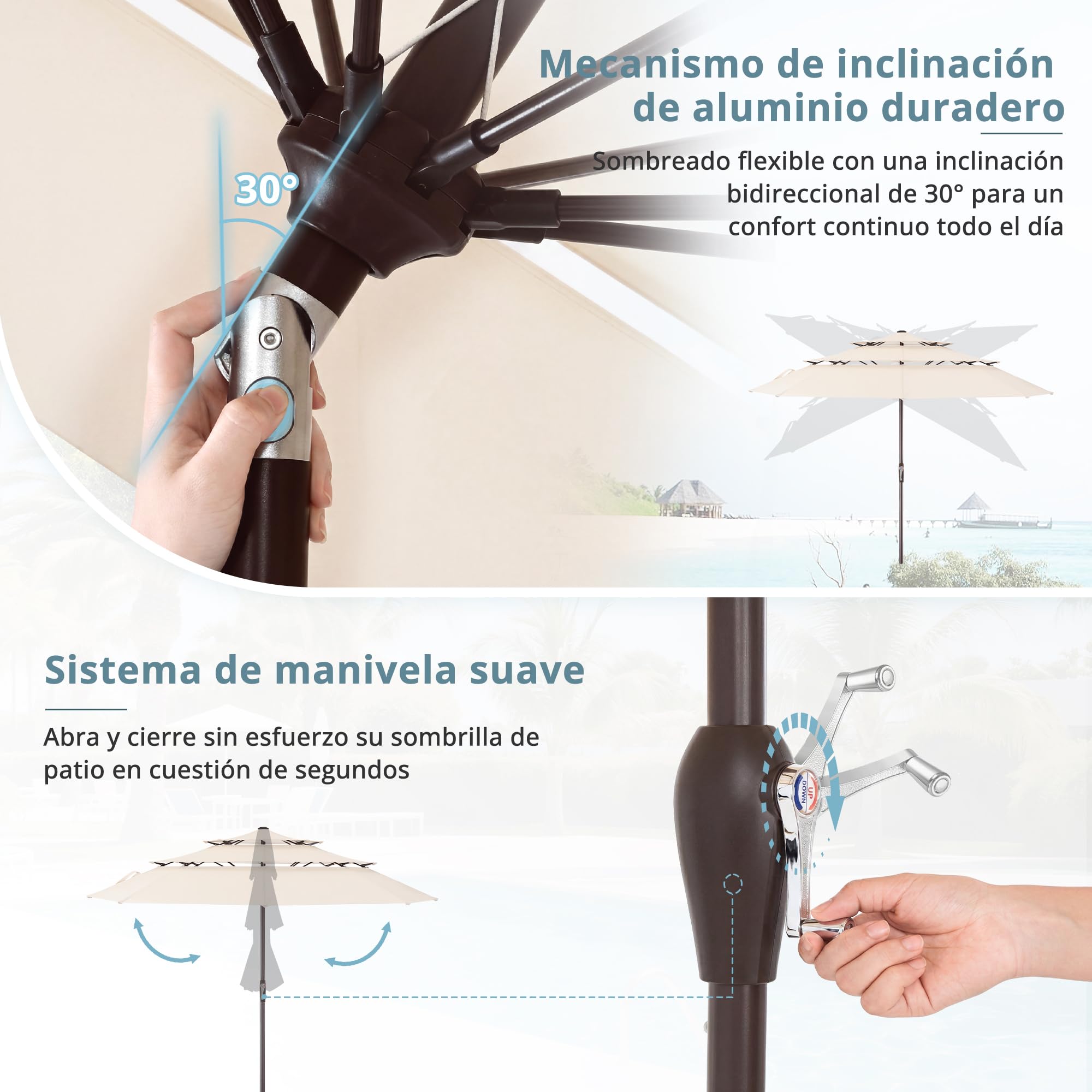 LUE BONA Sombrilla de Terraza, Sombrilla de Jardín de 300 cm, Toldo Ventilado de Tres Capas, Ángulo Ajustable, 8 Varillas y Manivela, Diseño Resistente al Viento