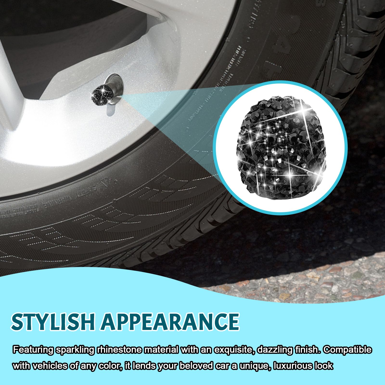 4Stück Ventilkappen Auto,Universelle Kristall Diamant Glitzer Strass Reifenventilkappen,Strass Ventilkappen Fahrrad,Ventilschaftdekoration für Autos,Kfz-Reifenventilstecker mit Strasssteinen (Schwarz) - 3
