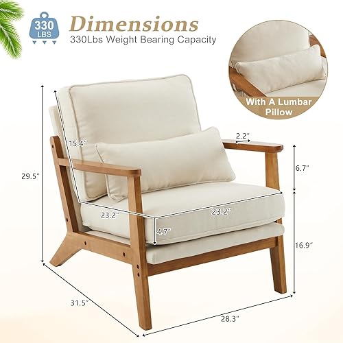 Miniatura 2 de VINGLI Silla decorativa de madera maciza con reposabrazos anchos, silla moderna tapizada de mediados de siglo con almohada, cómoda silla de lectura,