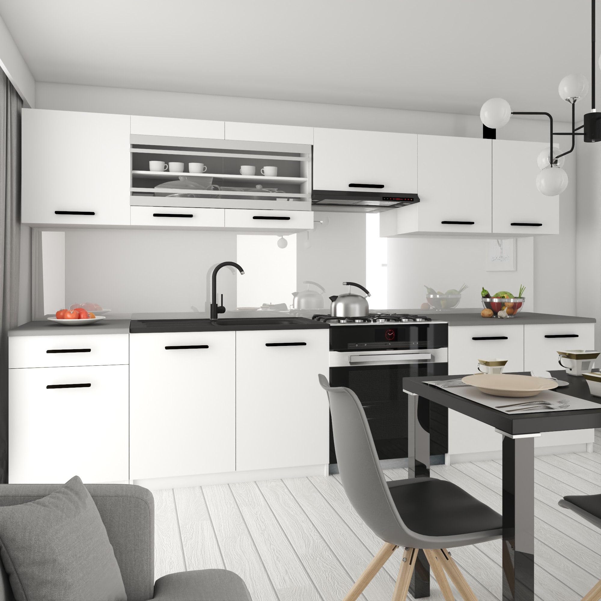 Belini Italia 4 Meuble Cuisine Linéaire 260cm Blanc Mat | Cuisine complète, meubles hauts et bas inclus, montage facile
