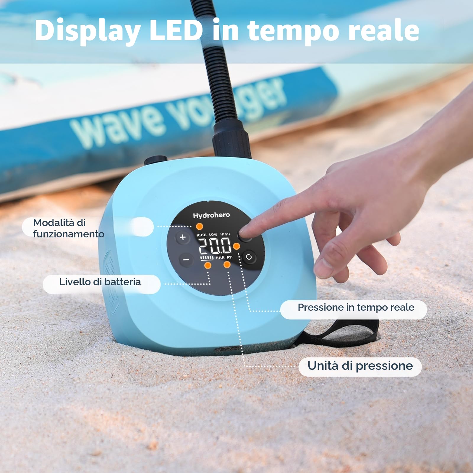 Hydrohero Pompa SUP elettrica, SUP ricaricabile 20 PSI, gonfiaggio rapido | 5 min a 12 PSI, 1,14 kg leggera, Batteria 38,48Wh, Gonfiaggio e sgonfiaggio doppio stadio, 7 ugelli, Borsa portaoggetti