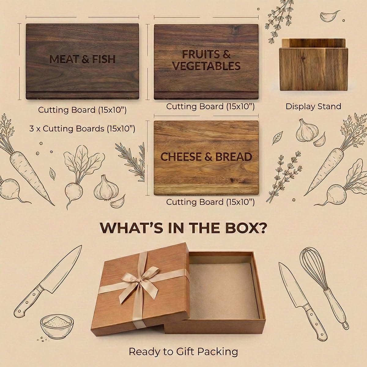Profi Schneidebrett Holz Set mit Ständer in Buchoptik - 3x Gleiche Größe Holzschneidebrett Set - Robustes Küchenbrett Holz für Fleisch & Brot - Book Cutting Board Set - Schneidebrett Bücher