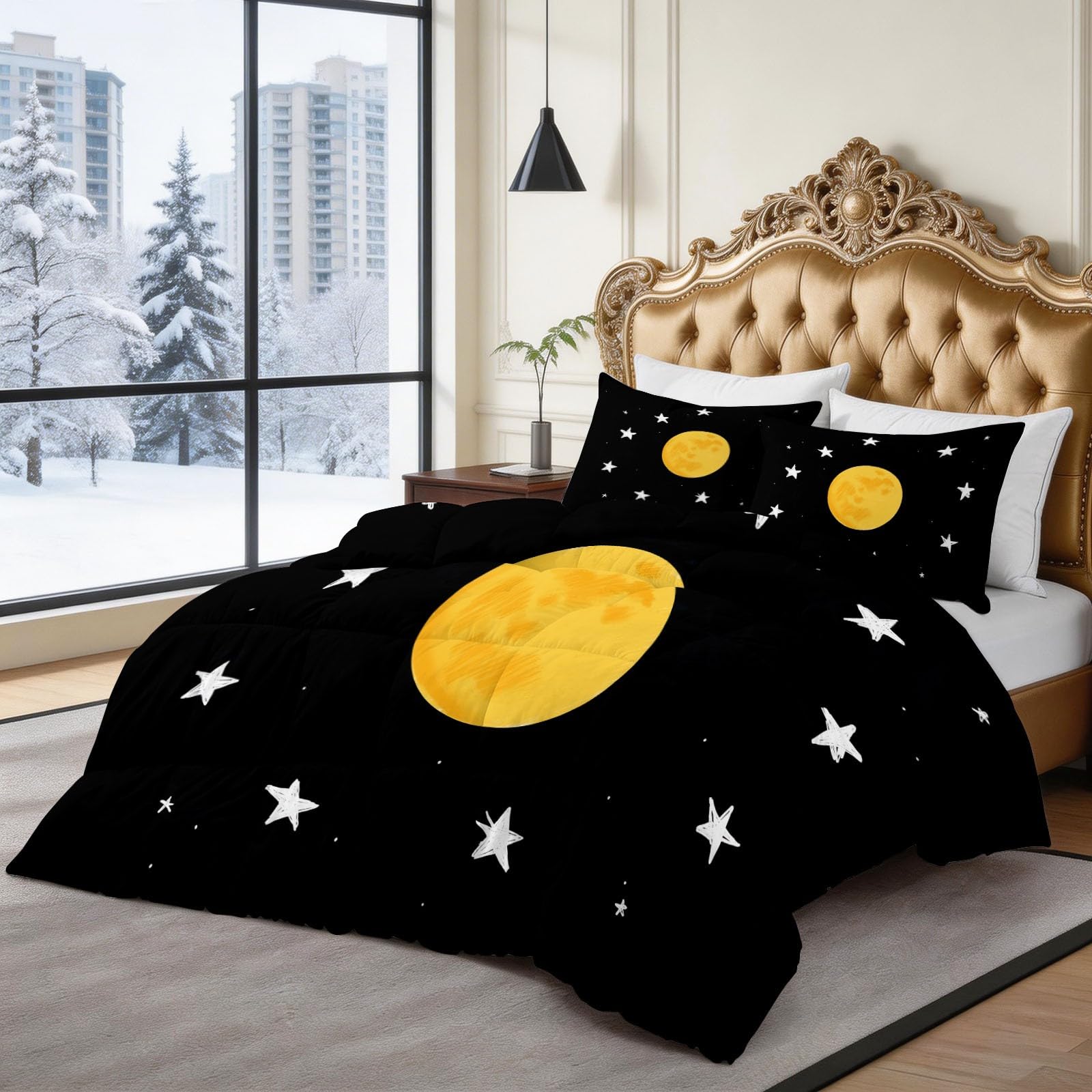 Negro Edredón Nórdico Libros Ilustrados Infantiles Luna Estrellas Trapunta con Acolchado en Diamante, Microfibra Premium, Suave y Transpirable – Todo en Uno, Set de Ropa de Cama 180 x 220 cm 3 Piezas