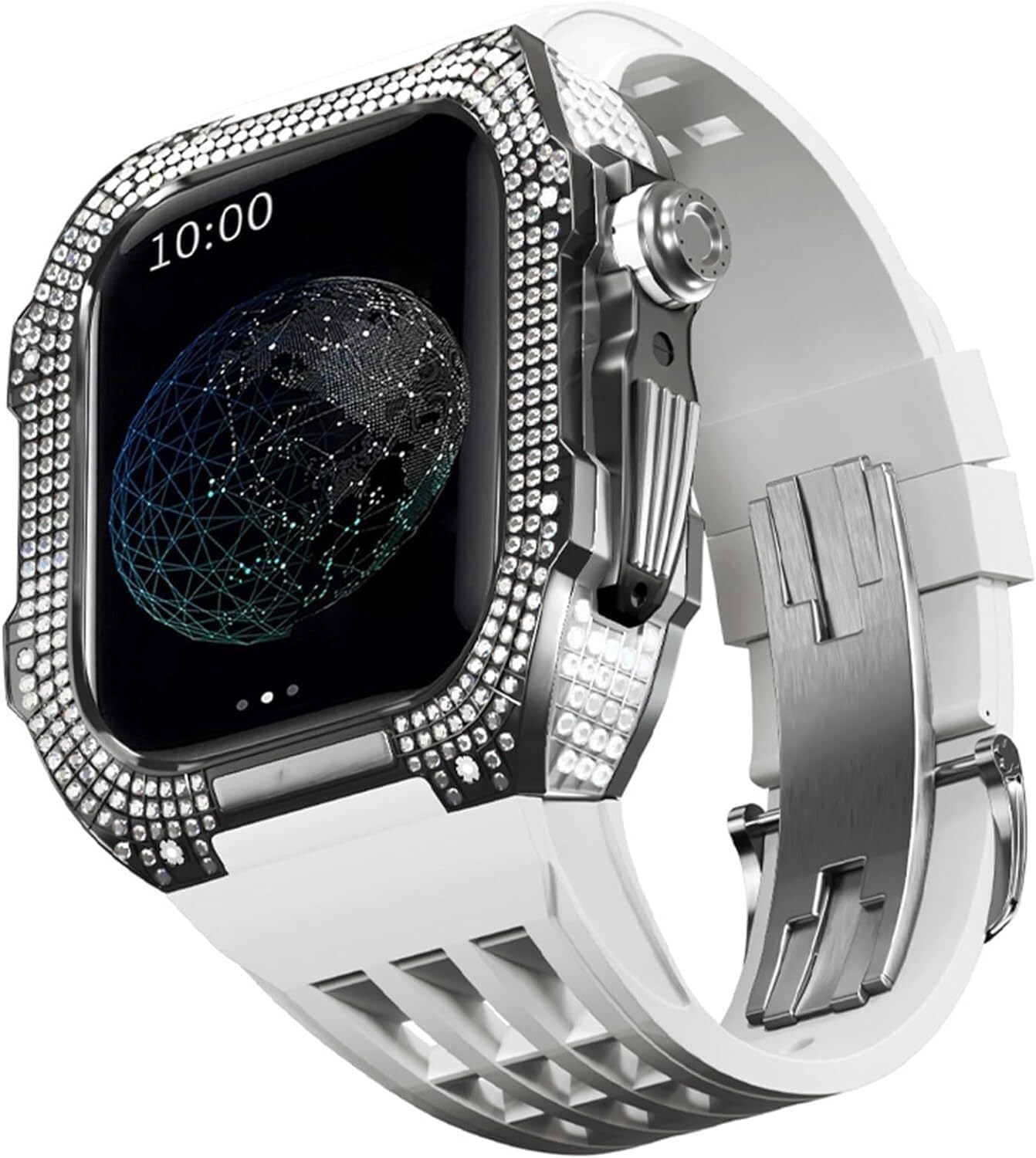 Luxury Titanium Metal Watch Case+Fluoride Rubber Watch Band Modification Kit，For Apple Watch Series 8 7 6 4 SE 5 44mm 45mm Metal Case Rubber Strap Replacement