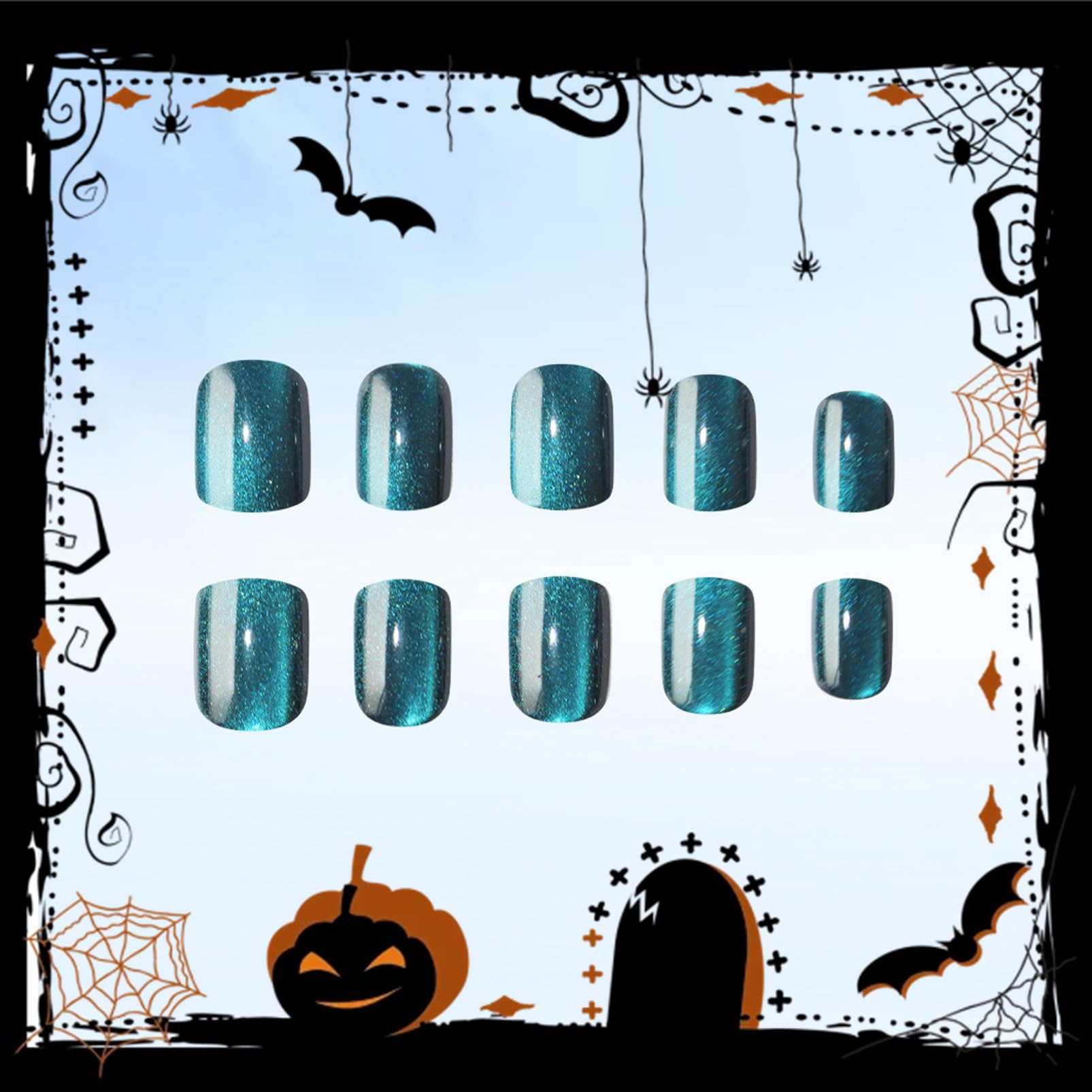 30Pcs Cat Eye False Nails,Mermaid Blue Cat Eye Press on Nails for Women,Mysterious Teal Shimmer Nails Halloween Parties Elements,Wearable Stick on Nail Art for Girls - Image 4