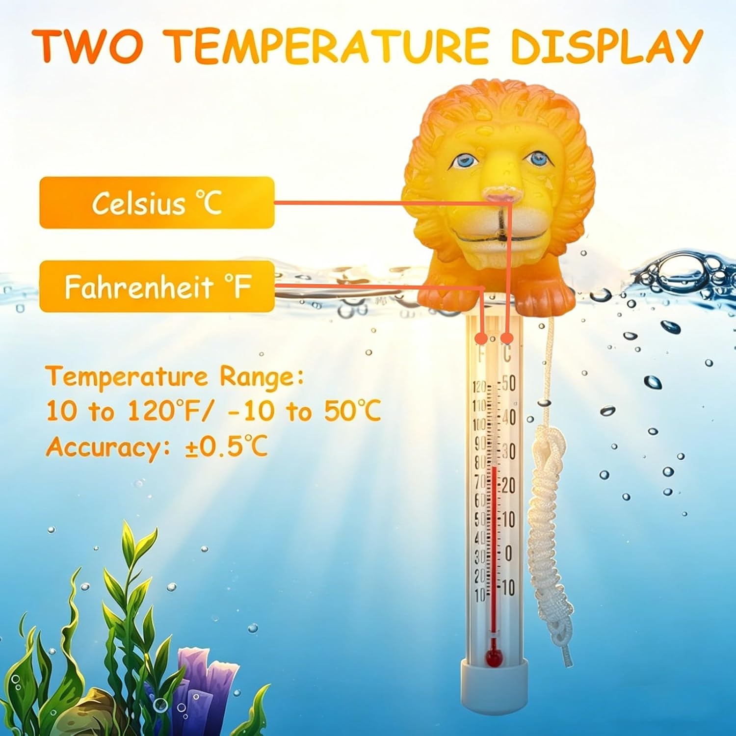 Floating Pool Thermometer, Large Size Easy Read for Water Temperature with String - Swimming Pools, Spas, Hot Tubs, Ponds - Blue Eye Lion