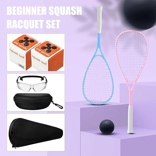 Miniatura 3 de Paquete de 2 raquetas de squash para principiantes, incluye 2 raquetas con bolsas de raqueta, 2 gafas antivaho con estuches y 2 bolas de calabaza de