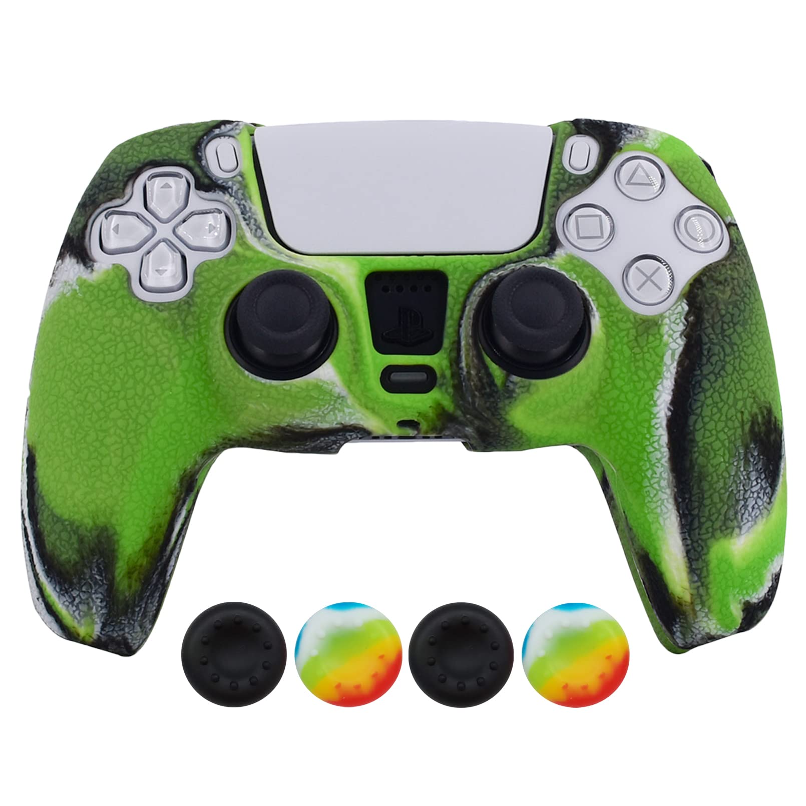 Hikfly Skin for PS5 Controller Silicone Cover for Sony PlayStation5 Controller Grip Skin Protector Faceplates Kits Video Games(1x CamoGreen cover with 4 x Thumb Grips Caps)