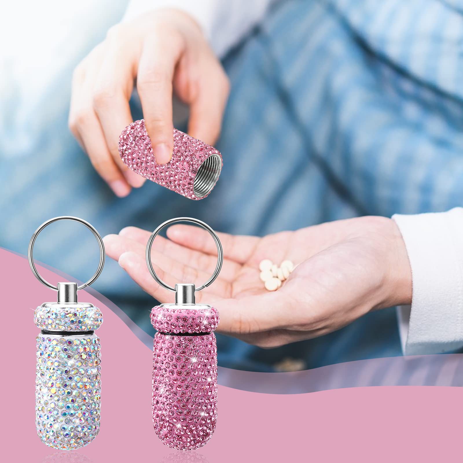 Cobee Contenedor de píldoras brillante, impermeable, portátil, mini pastillero de cristal, caja de almacenamiento con llavero para viajes al aire libre y camping