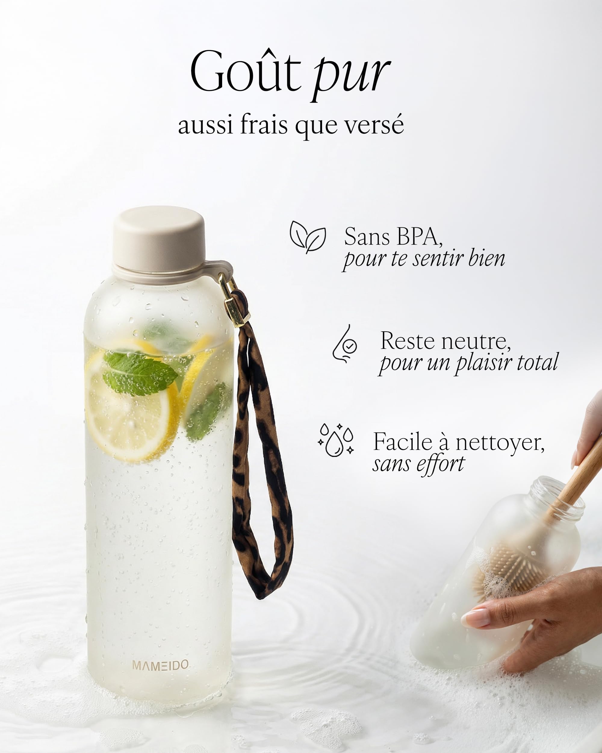MAMEIDO Gourde graduée motivation 1 l (Ivory Beige) | Dragonne amovible, étanche et adaptée aux boissons gazeuses, sans BPA, idéale sport, salle et bureau