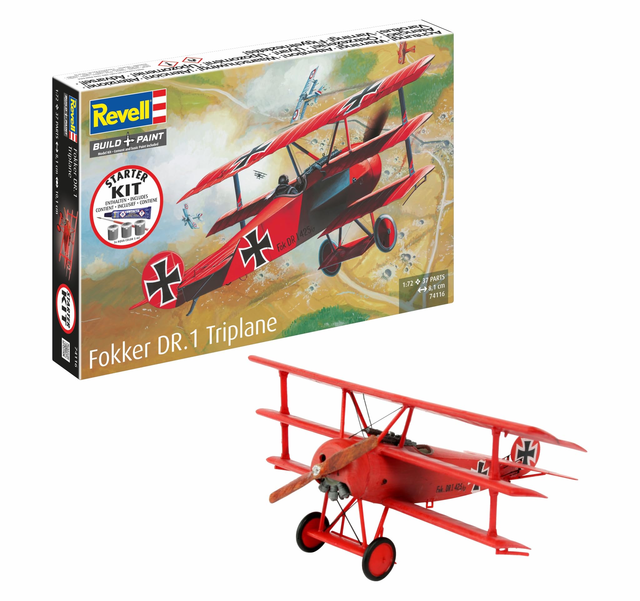 Revell 74116 Starter Kit Fokker DR.1 Triplane 1:72 Scale Unbuilt Plastic Model Kit with Accessories