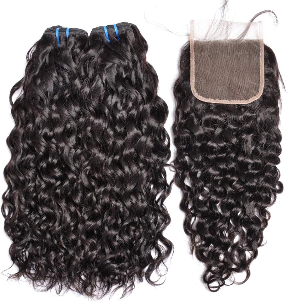 MSGEM Brazilian Water Wave Hair With Closure 3 Bundles Human Hair With Closure Water Wave Wet and Wavy Hair Brazilian Virgin Hair Bundles Natural Black (16 with 18 20 22)
