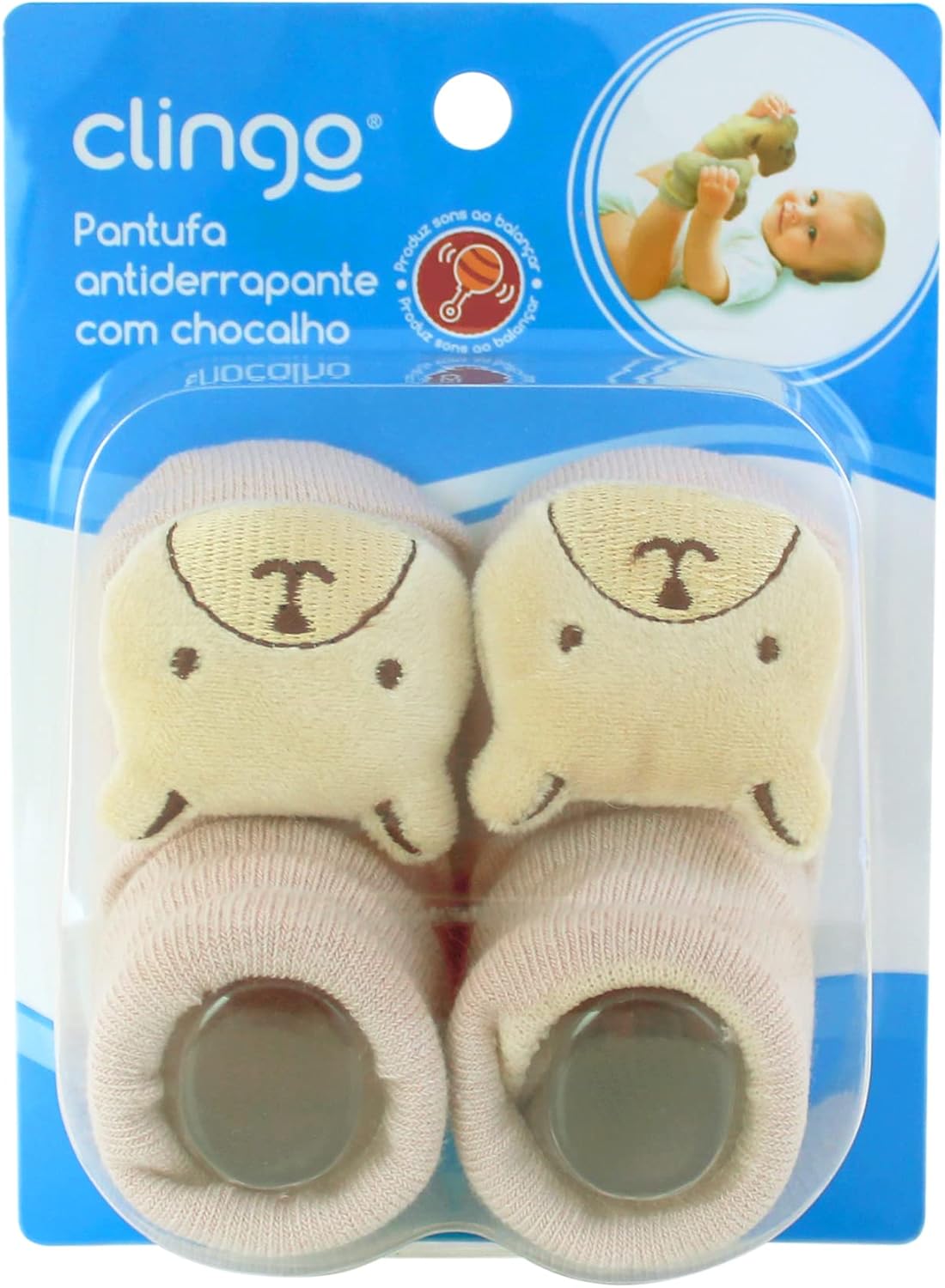 Clingo Pantufa Com Chocalho Urso Bege Bege