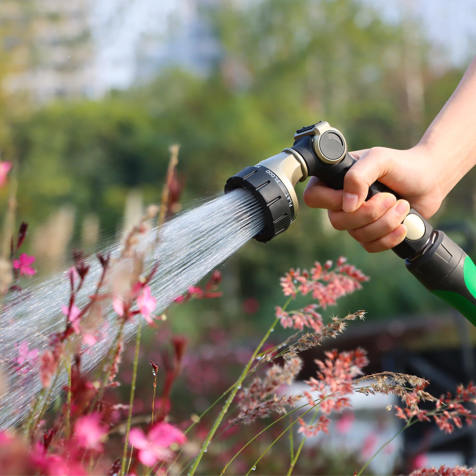 RESTMO Buse de tuyau d'arrosage robuste en métal avec 7 modes d'arrosage, contrôle du pouce, vanne marche/arrêt, buse haute pression pour arroser les plantes, lavage de voiture et d'animaux