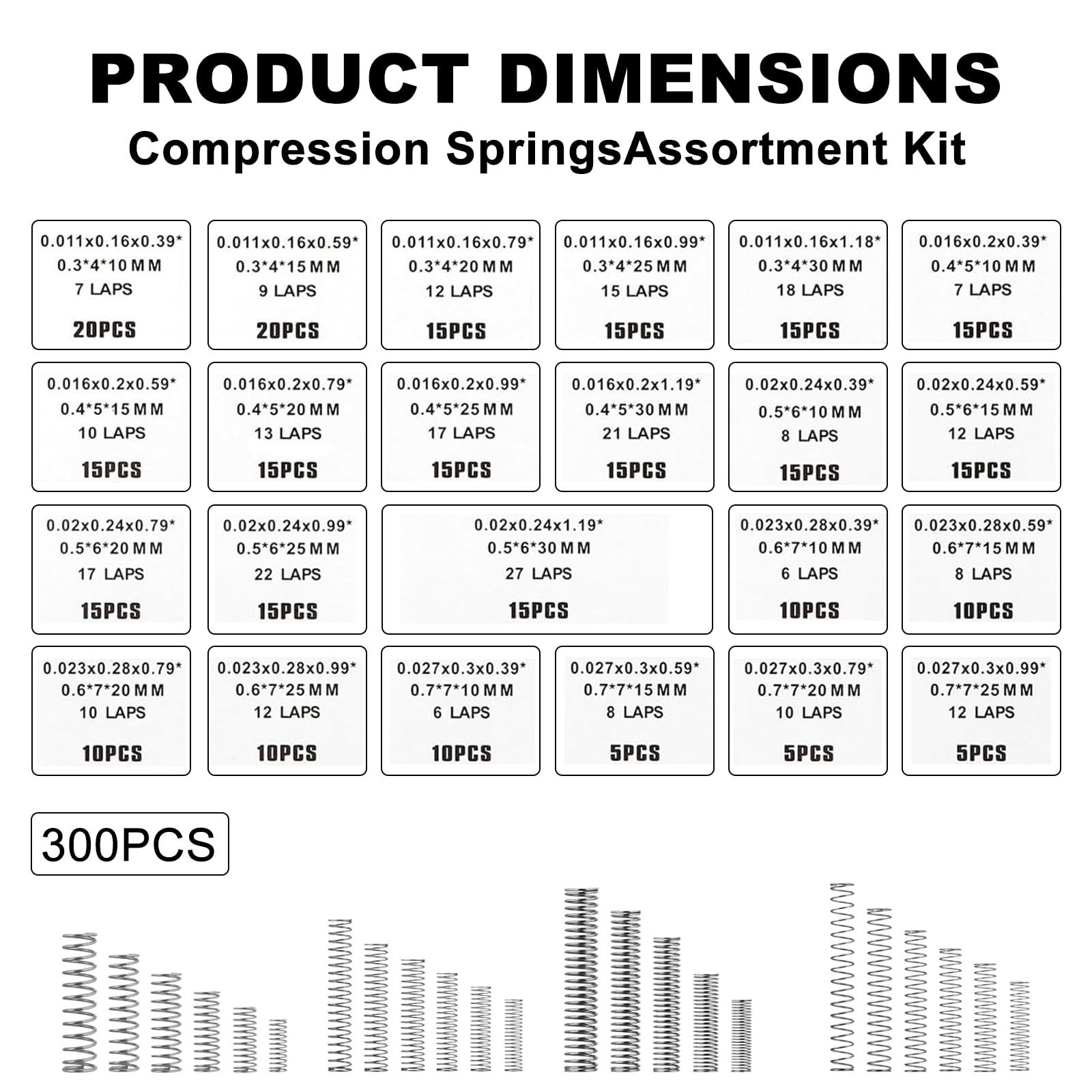 Kit Muelles de Compresion Acero Inoxidable 304 300 Piezas 23 Tamaños Resorte Comprimido