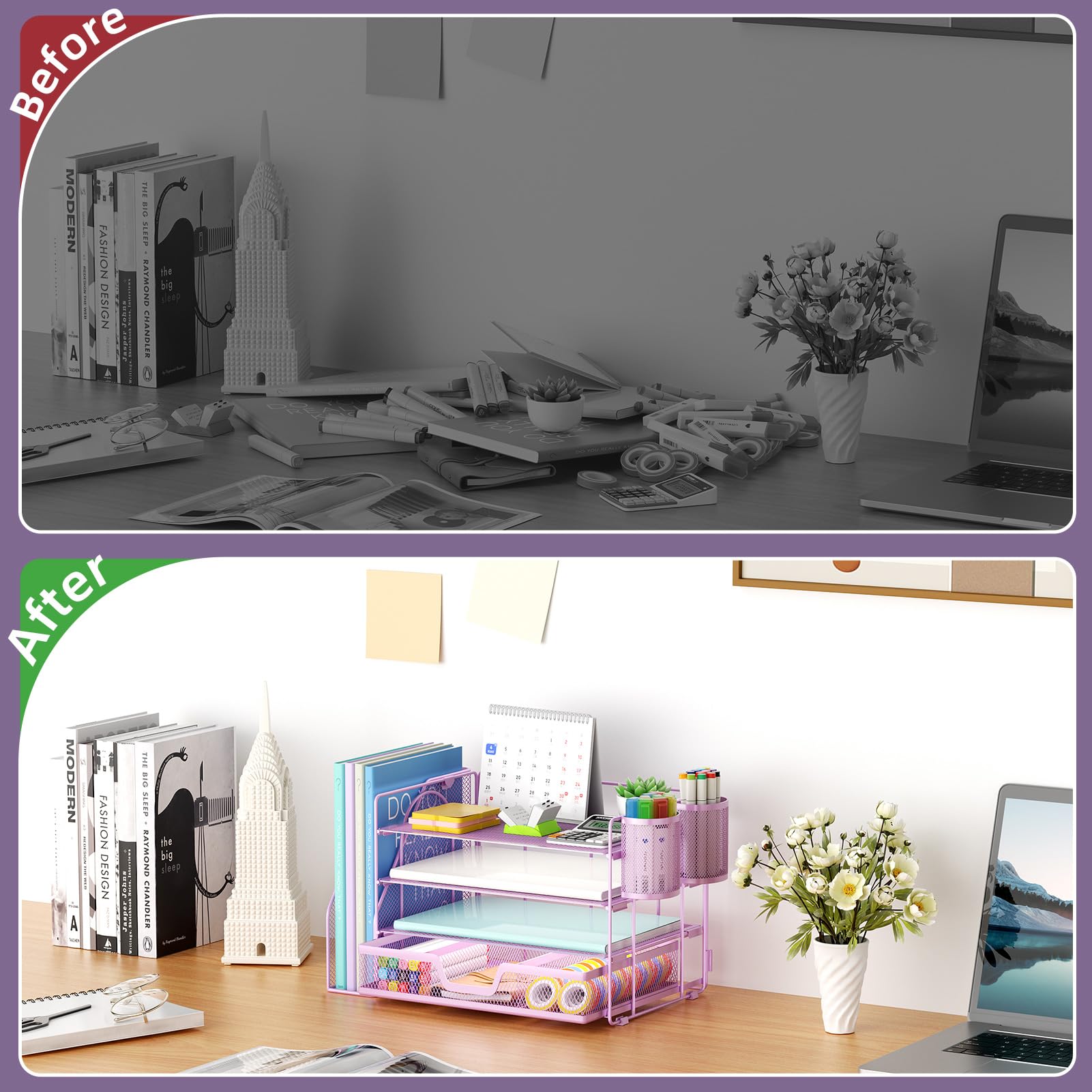 Marbrasse Organizer da scrivania e accessori, organizer per lettere a 4 livelli con porta documenti, accessori da scrivania e spazio di lavoro, organizer da scrivania con cassetto e 2 portapenne, per