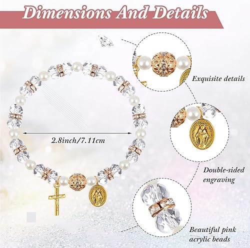 Miniatura 2 de Taiyin Rosary Bracelet Bulk with Mesh Bags, White Religious Rosary Bead Bracelet Catholic Bracelets, Baptism First Communion Gifts for Women