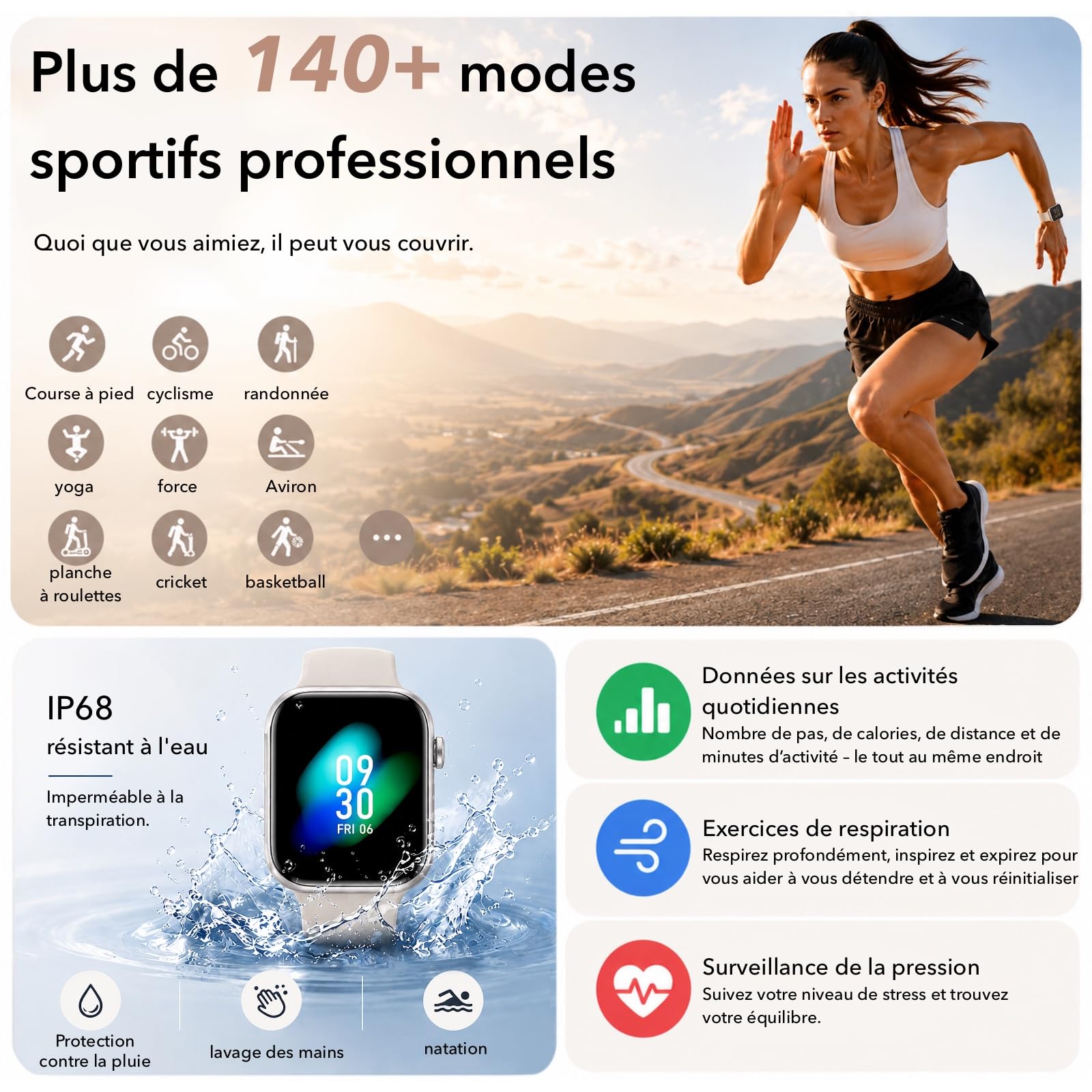 Montre Connectée Homme Femme avec Appels Bluetooth, Écran 1.85" HD Smartwatch Sport (140+ Modes), Cardiofréquencemètre, Moniteur de Sommeil, Étanche IP68 pour Android iOS