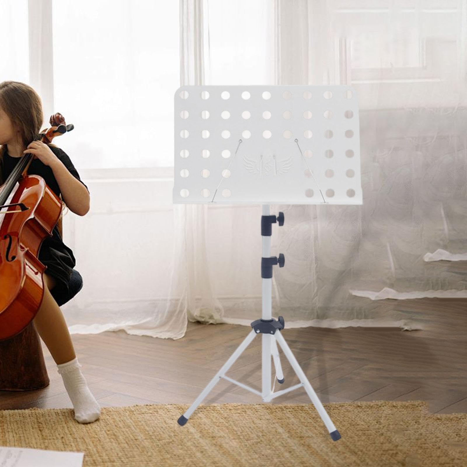 de Musique Ergonomique Support de Partitions Réglable avec Panneau Rotatif et Pieds Stables Porte-livres D'Instrument Pliant En Acier Carbone, Blanc