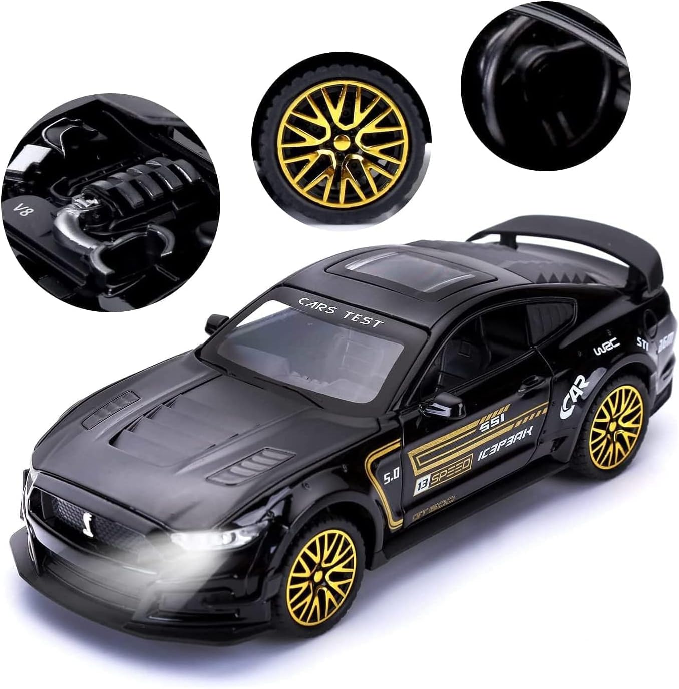 Sky Tech Mustang GT500 1:32 Scale Model Car Exclusive Alloy Metal Pull Back Die-cast Car Diecast Metal Pullback Toy car with Openable Doors & Light Music Best Gifts Toys Kids【Colors as Per Stock】
