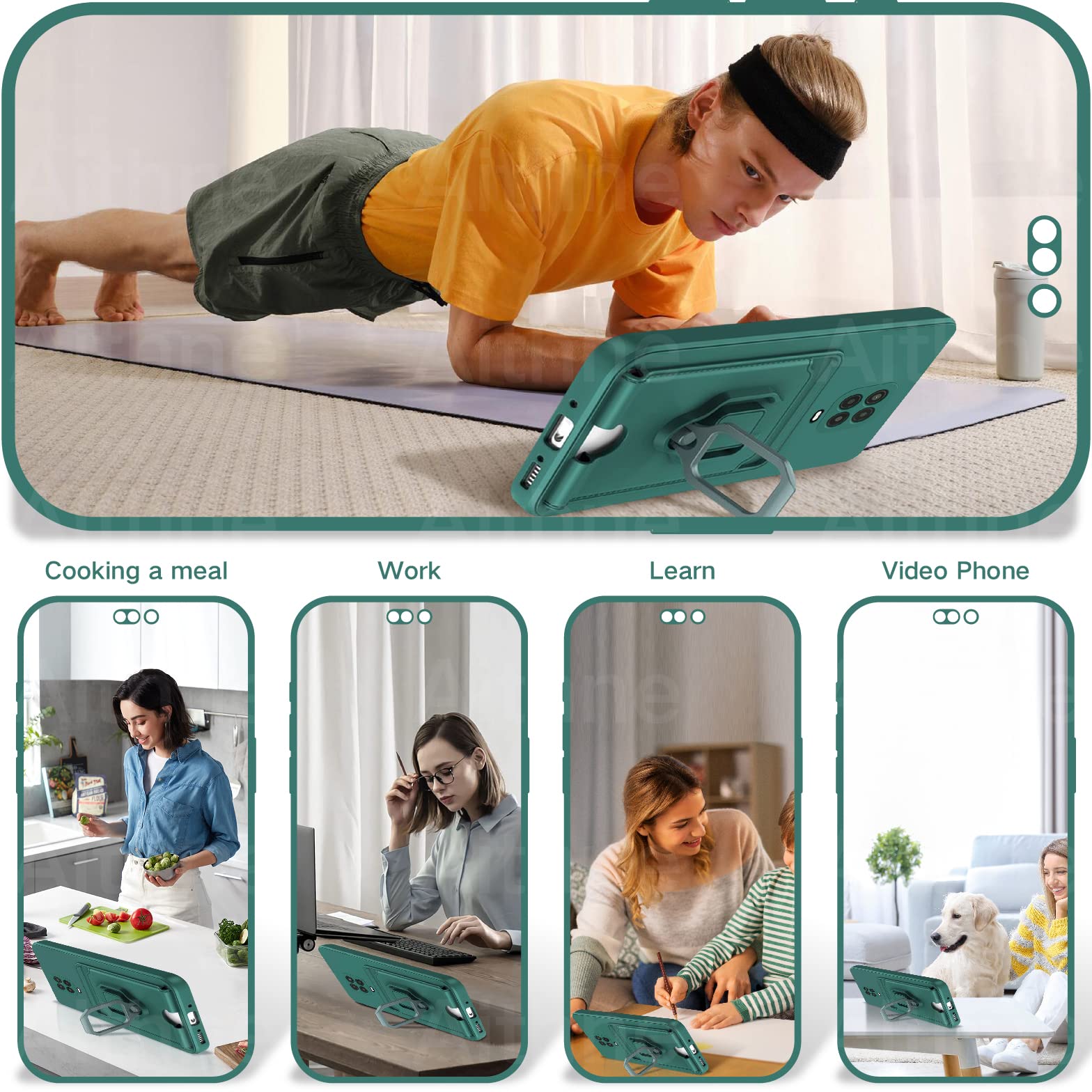 Funda con Cuerda para Xiaomi Redmi Note 14 Pro 5G / Poco X7 5G Case con Ranura para Tarjetas,360 Anillo función de Soporte Cubierta -Verde — view 3