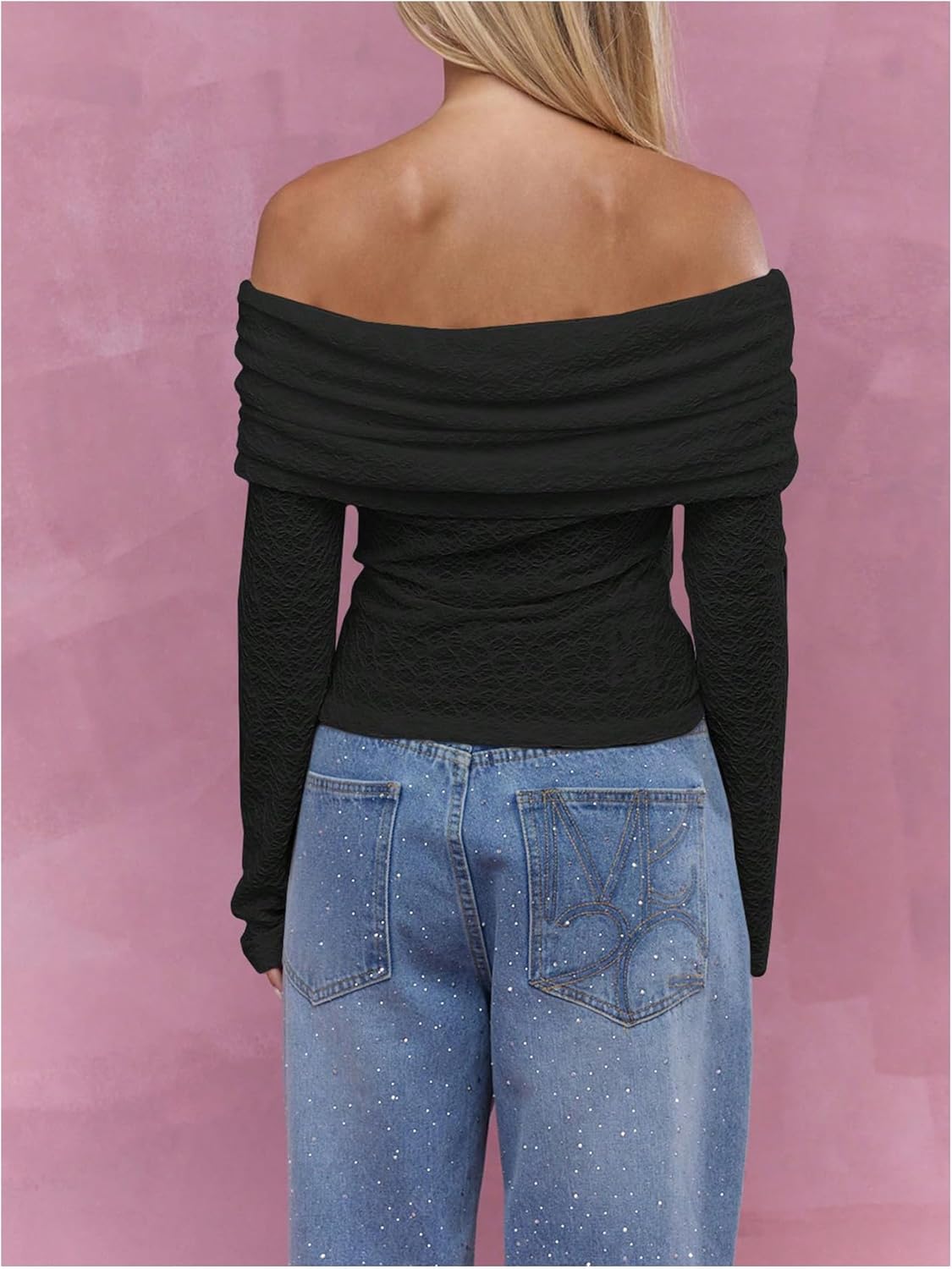 MAKEMECHIC Women's Off The Shoulder Shirt Ruched Long Sleeve Textured Going Out Tops - Image 2