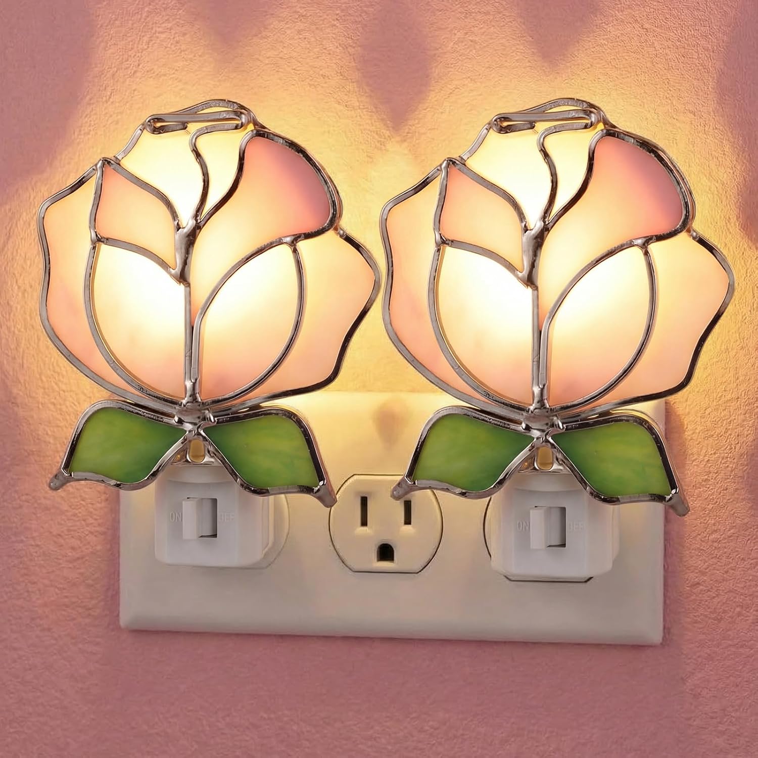 Baquler 2 Pcs Stained Glass Pink Rose Night Light Plug into Wall, Pink Floral Spring Flower Light Decor for Home Bedroom Bathroom Kitchen Hallway Valentine's Mother's Day Easter Decoration