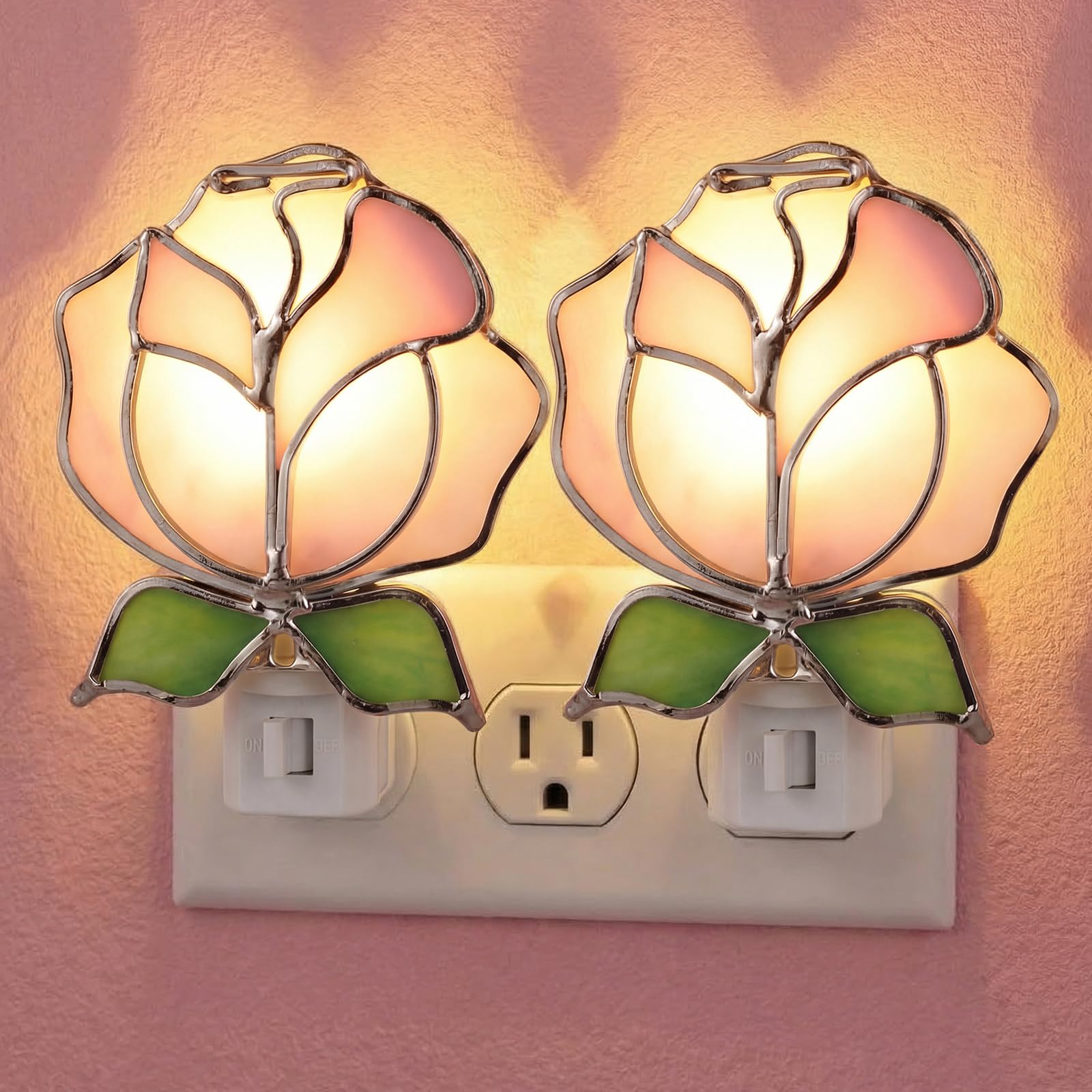 Baquler 2 Pcs Stained Glass Pink Rose Night Light Plug into Wall