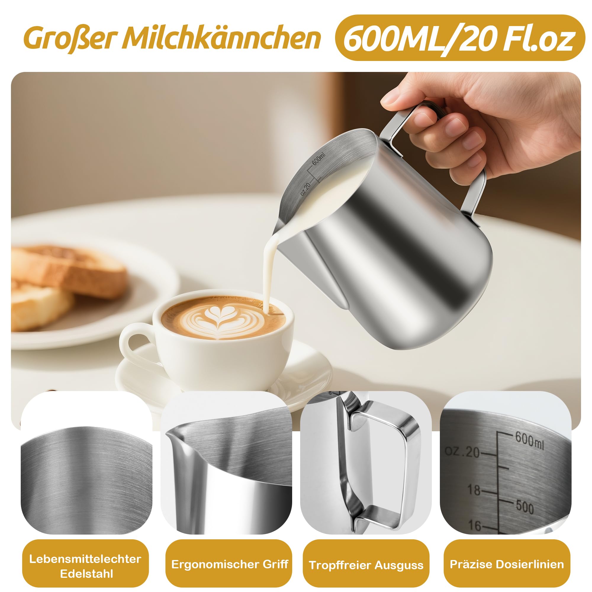 Milchkännchen, 600ml Milchkännchen Edelstahl mit Messung Mark, Milchkanne für Cappuccino, Espresso, Latte Art, Kaffeeliebhabe, 20 FL.oz