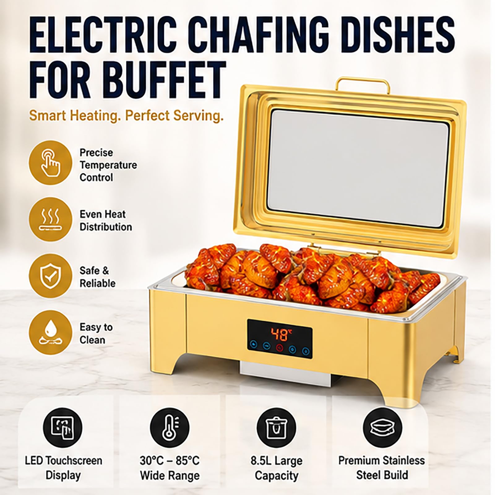 Platos eléctricos de 9 cuartos de galón, servidor de buffet con control inteligente de temperatura, tapa enrollable de acero inoxidable para fiestas, eventos y catering