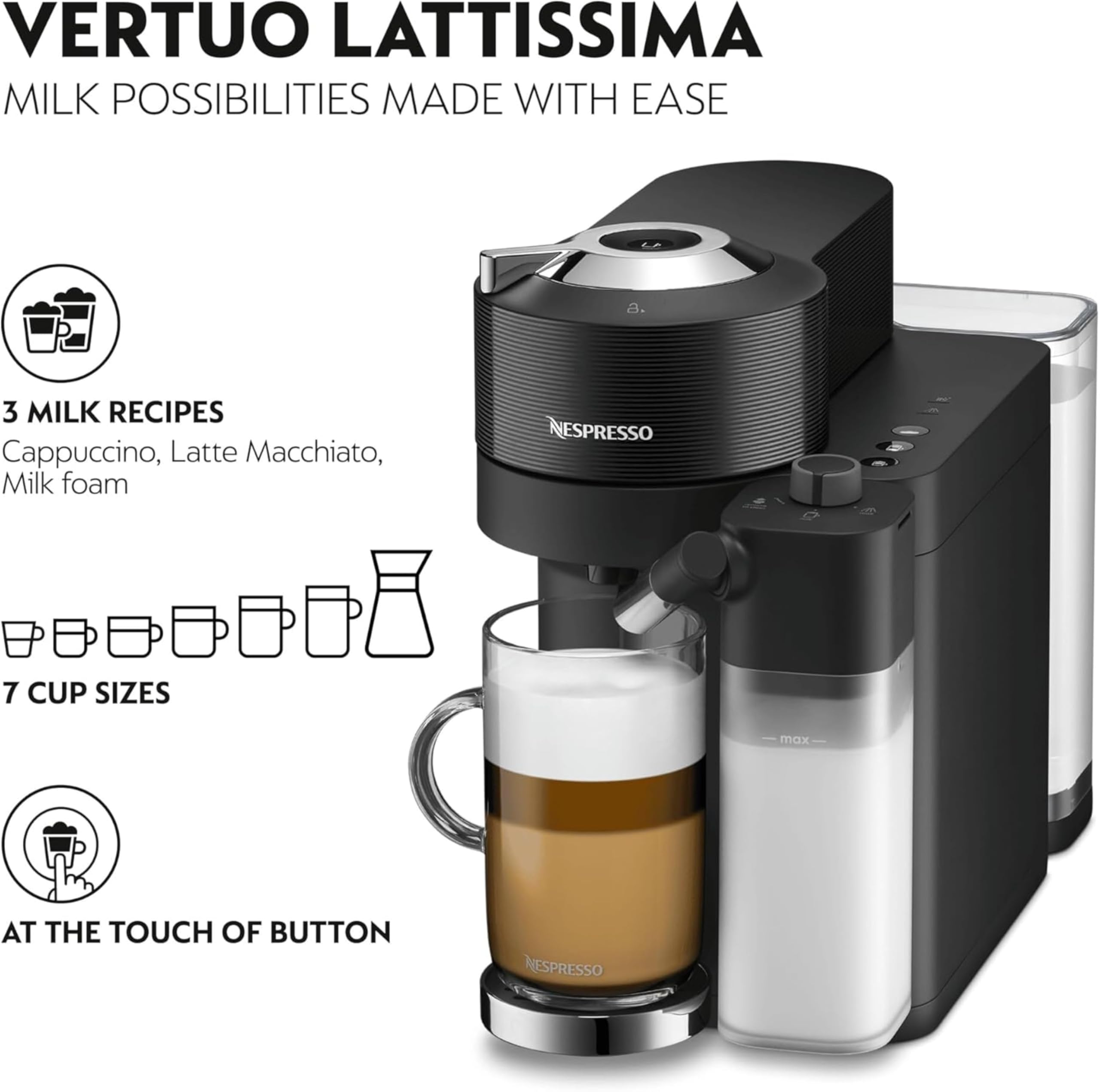 De'Longhi Nespresso Vertuo Lattissima ENV300.B, Automatic Coffee Machine with Automatic Milk Frother, Single-Serve Capsule Coffee Machine, 5 Cup Sizes, 1500W, Matt Black & Glossy — view 4