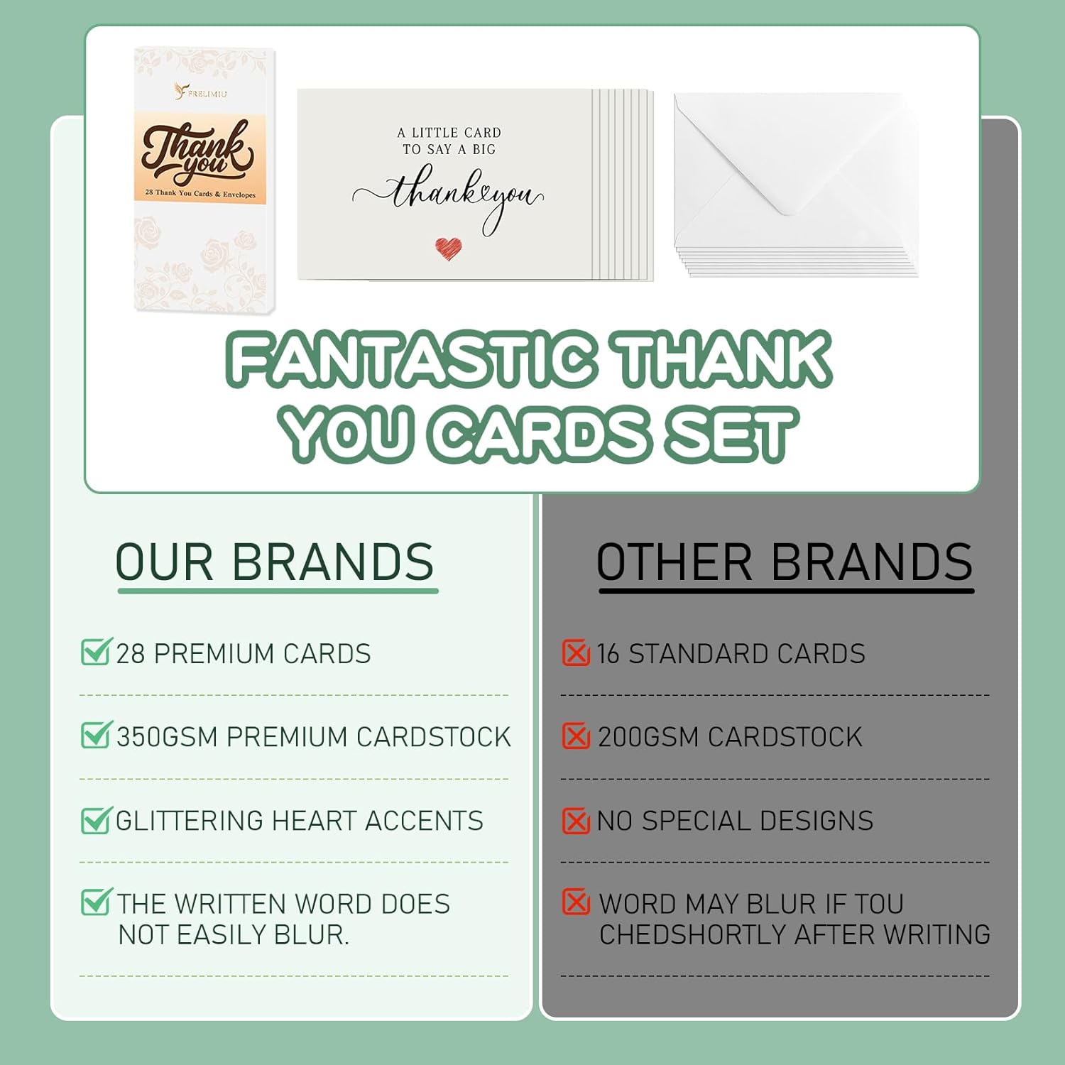 28 Pack 350GSM Thank You Cards with Envelopes, Glitter Heart Premium Greeting Cards, Pefect for Weddings, Baby Showers, Teacher Appreciation, Graduation, Small Business Gifts, Holiday & Christmas Thank You Notes - Image 5