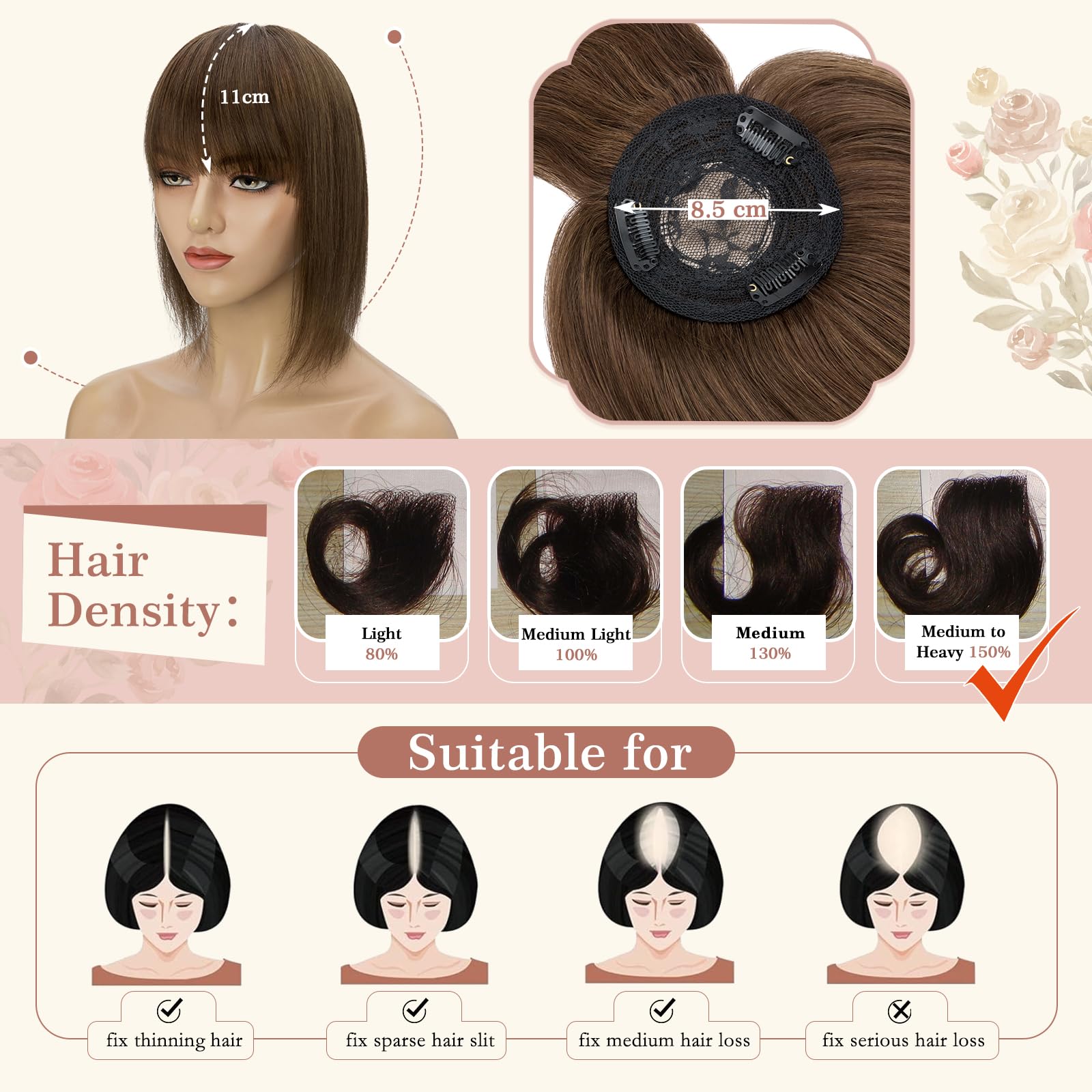 Elailite Hair Toppers for Thinning Hair Women Real Hair with Bangs - Image 3