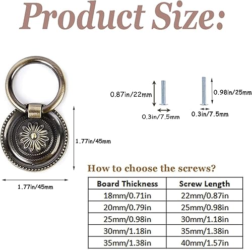 Miniatura 4 de YankMooM - Tiradores de cajones antiguos de bronce para aparador, manijas redondas de cajón, pomo vintage de 1.77 pulgadas para mesita de noche,