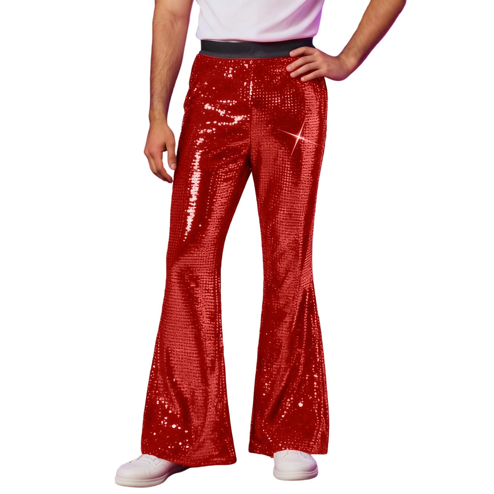 Generisch Pantalones con purpurina para hombre, con lentejuelas, elásticos, cintura alta, estilo hippie, retro, años 70, 80, 90, disfraz de discoteca, fiesta, club, carnaval, disfraz de carnaval