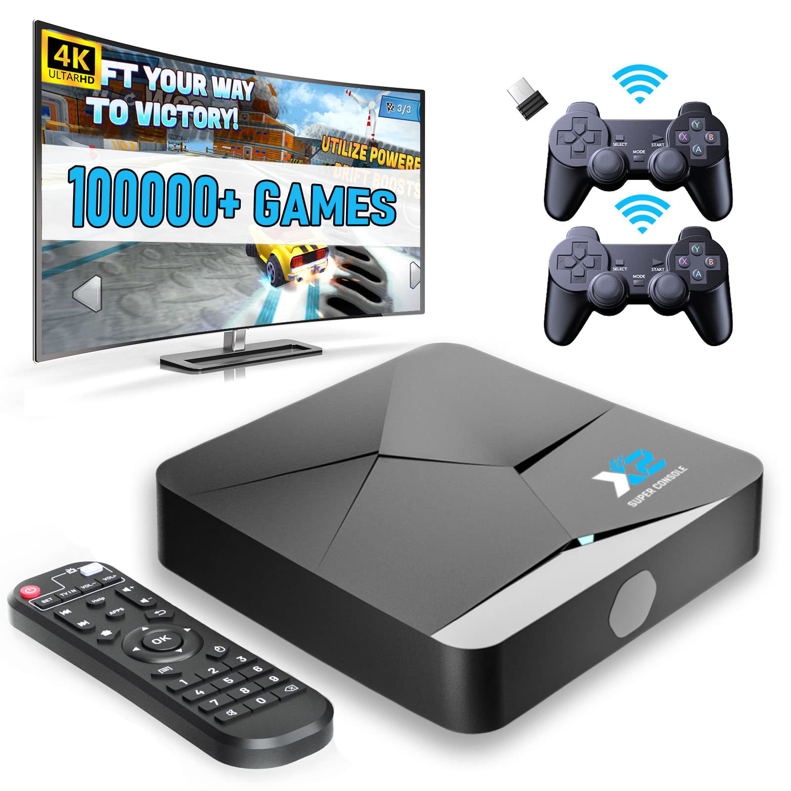 Kinhank Super Console X2, Retro Games Console with 100,000+ Video Games, Plug & Play, Emuelec 4.5 & Android 9.0, 4K HD Display, Compatible with PSP/PS1/N64/Amiga, Includes 2 Gamepads