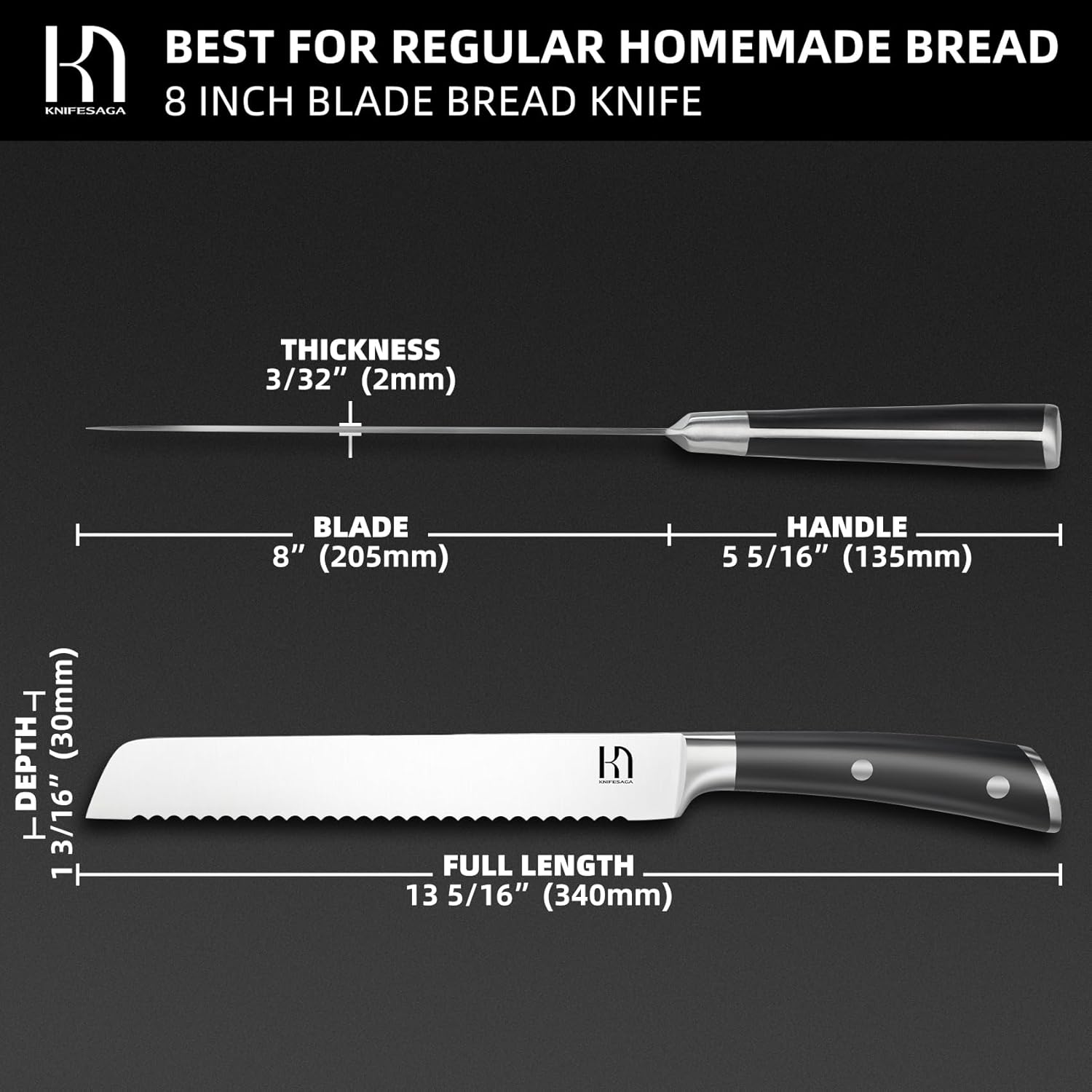 KnifeSaga Bread Knife for Homemade Bread 8 Inch, Japanese Serrated Sourdough Bread Slicing Knives, Bread Cutting Knife with Ergonomic Full-tang Handle