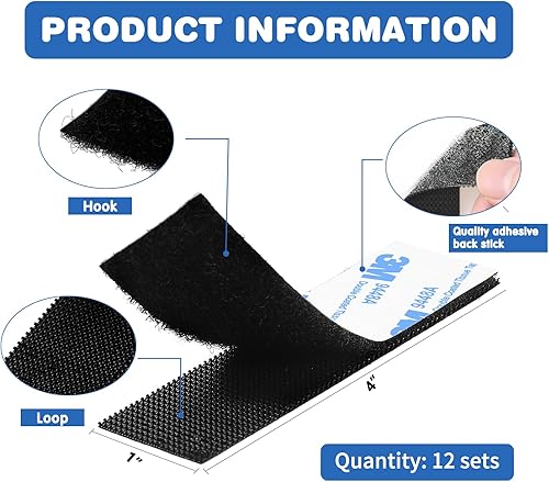 Miniatura 3 de 6 pares de cintas de gancho y bucle de 1 pulgada x 4 pulgadas, tiras autoadhesivas de nailon con cierre de tela, cinta entrelazada, color negro para