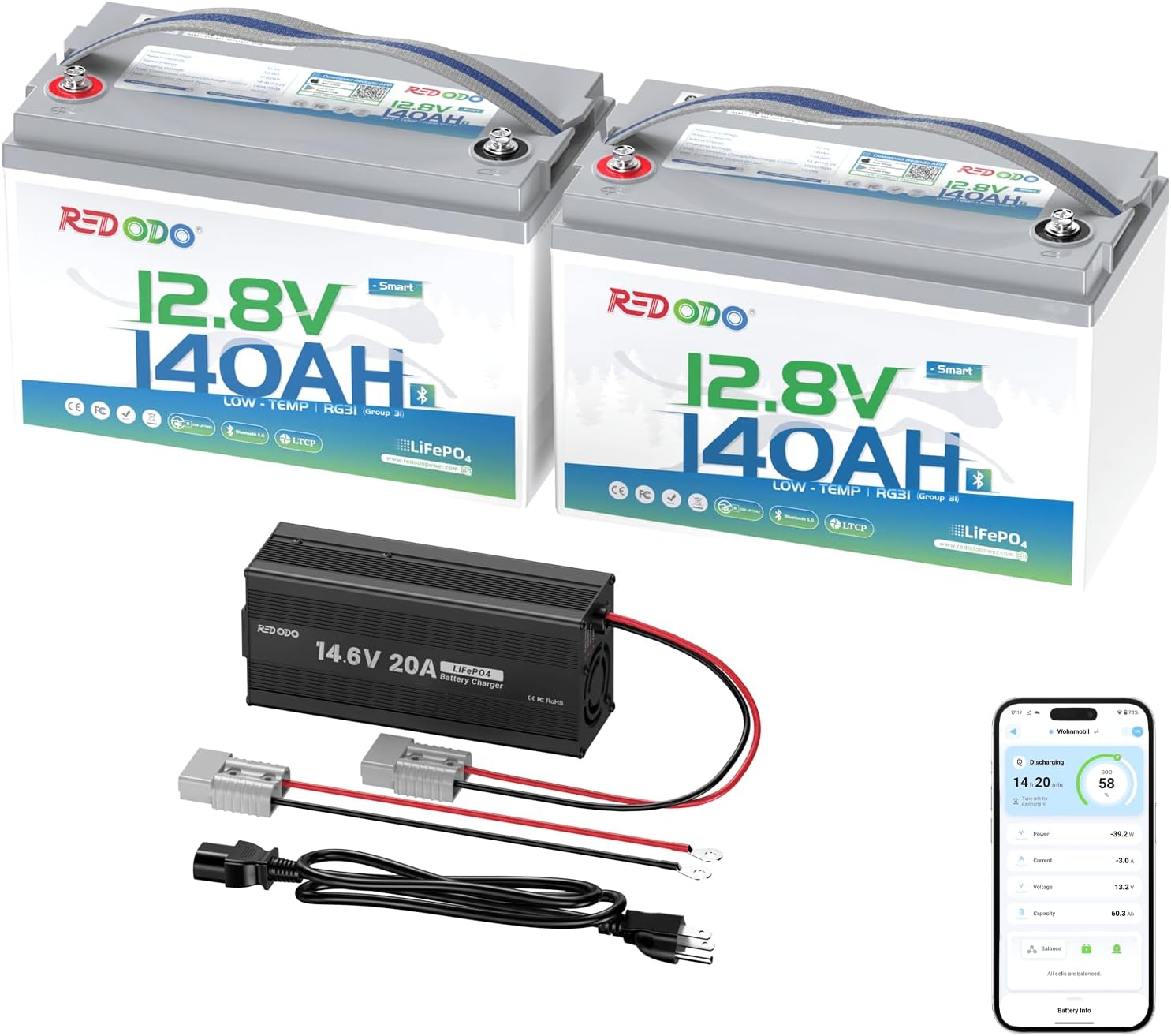 Redodo Smart Bluetooth 12V 140Ah LiFePO4 Battery with 14.6V 20A Charger, Bluetooth Group31 Lithium Battery, 150A BMS, Real-Time Monitoring, Perfect for RVs, Marine, Boat, Solar, and Off Grid-2 Pack