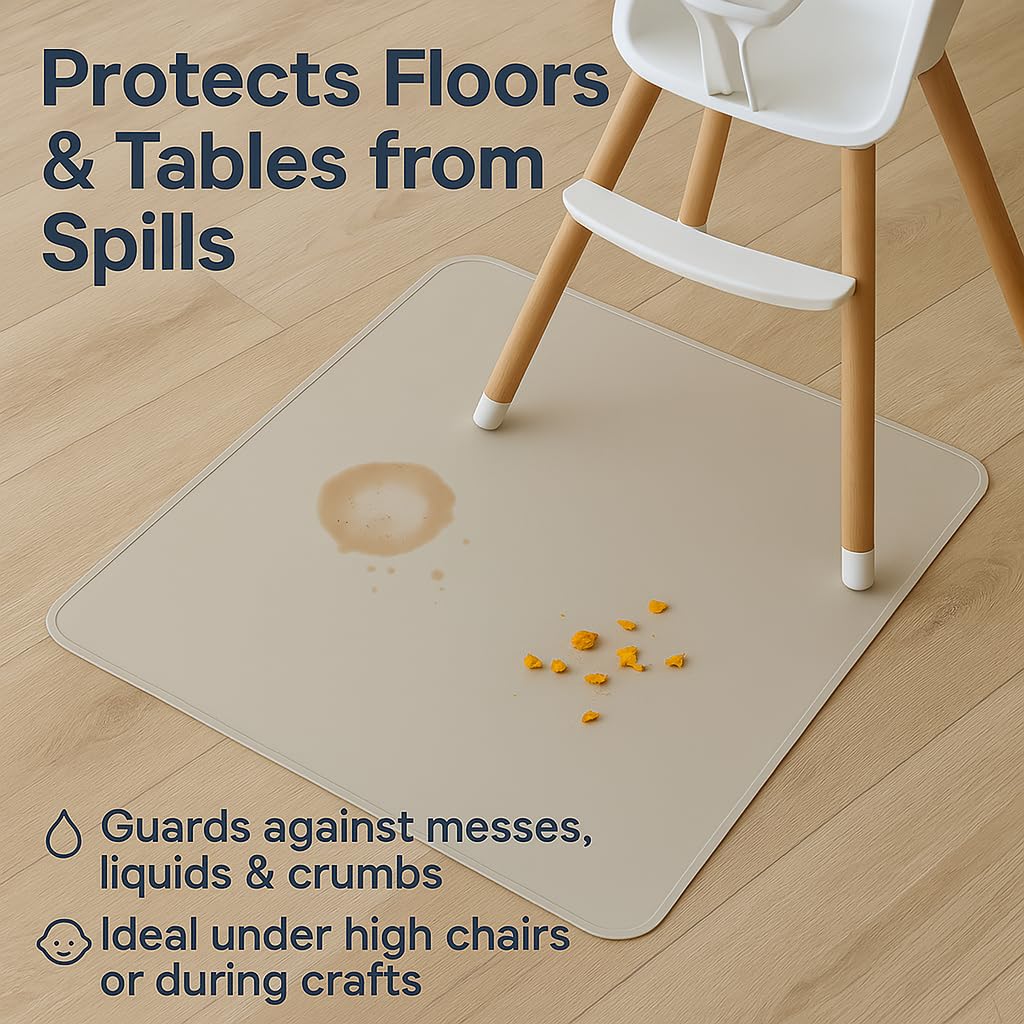 Tappetino in Silicone 100x100 cm – Antimacchia, Impermeabile, Antiscivolo – Tappeto Multiuso per Bambini, Sotto Seggiolone, Svezzamento, Giochi, Attività Creative – Senza BPA
