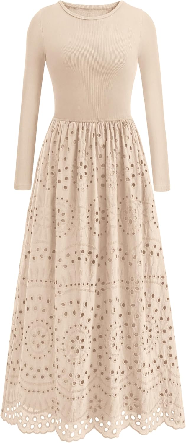 dowerme Women Spring Dresses 2026 Casual Long Sleeve Crewneck A-Line Boho Eyelet Cotton Maxi Wedding Guest Dress Pockets