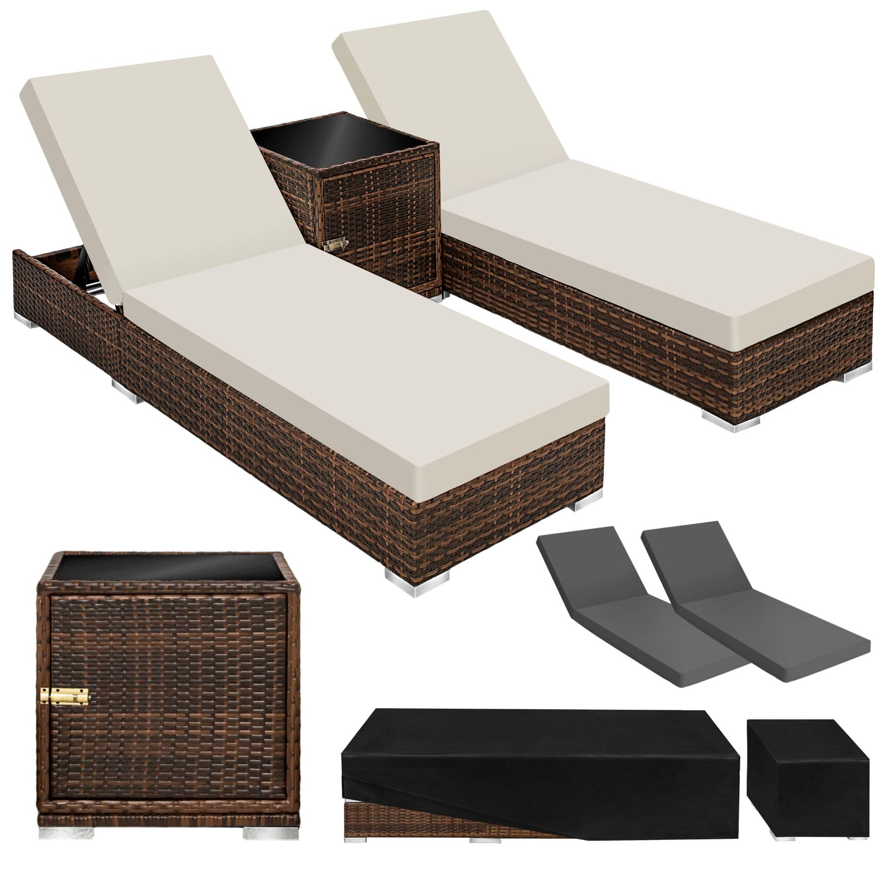TecTake® Set 2 Tumbonas de Ratán y Aluminio + Mesa Jardín, Tumbonas Piscina Respaldo Regulable, Tumbonas Playa Resistente a la Intemperie, Fundas Intercambiables, Funda Protectora - antigüo