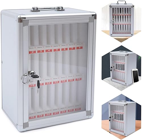 Miniatura 4 de Xuthusman Caja organizadora de 24 ranuras de aleación de aluminio para teléfono celular con cerradura de seguridad para teléfonos móviles montado en