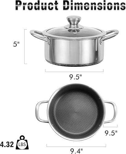 Miniatura 2 de AuFranc Olla híbrida antiadherente de acero inoxidable de 6 cuartos de galón con tapa de vidrio, olla de inducción con tallado de panal, olla de