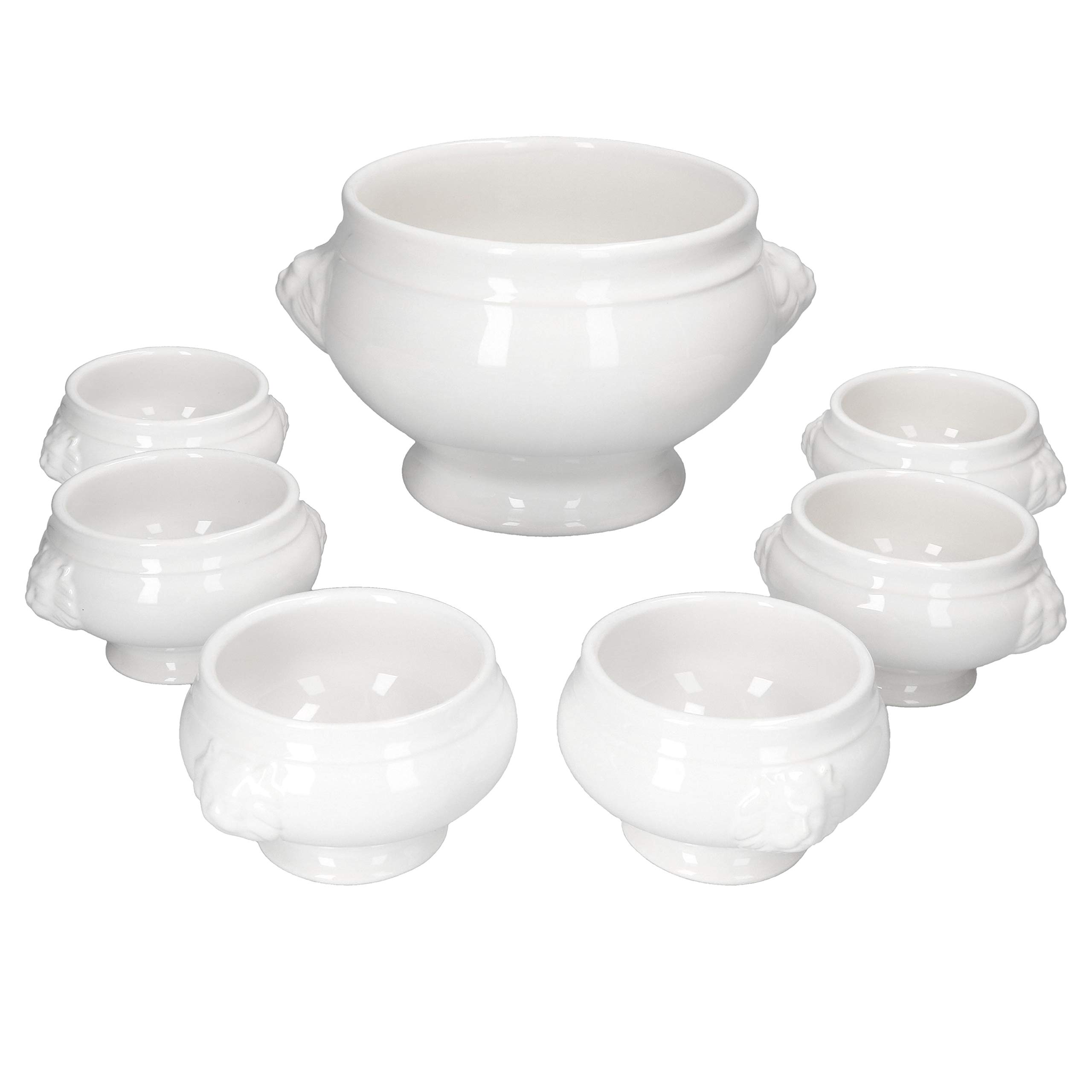 MamboCat Leo - Set di 7 tazze da zuppa con testa di leone, 2 l, 6 tazze piccole da 0,25 l, set reale di ciotole da zuppa con testa di leone, in grès bianco