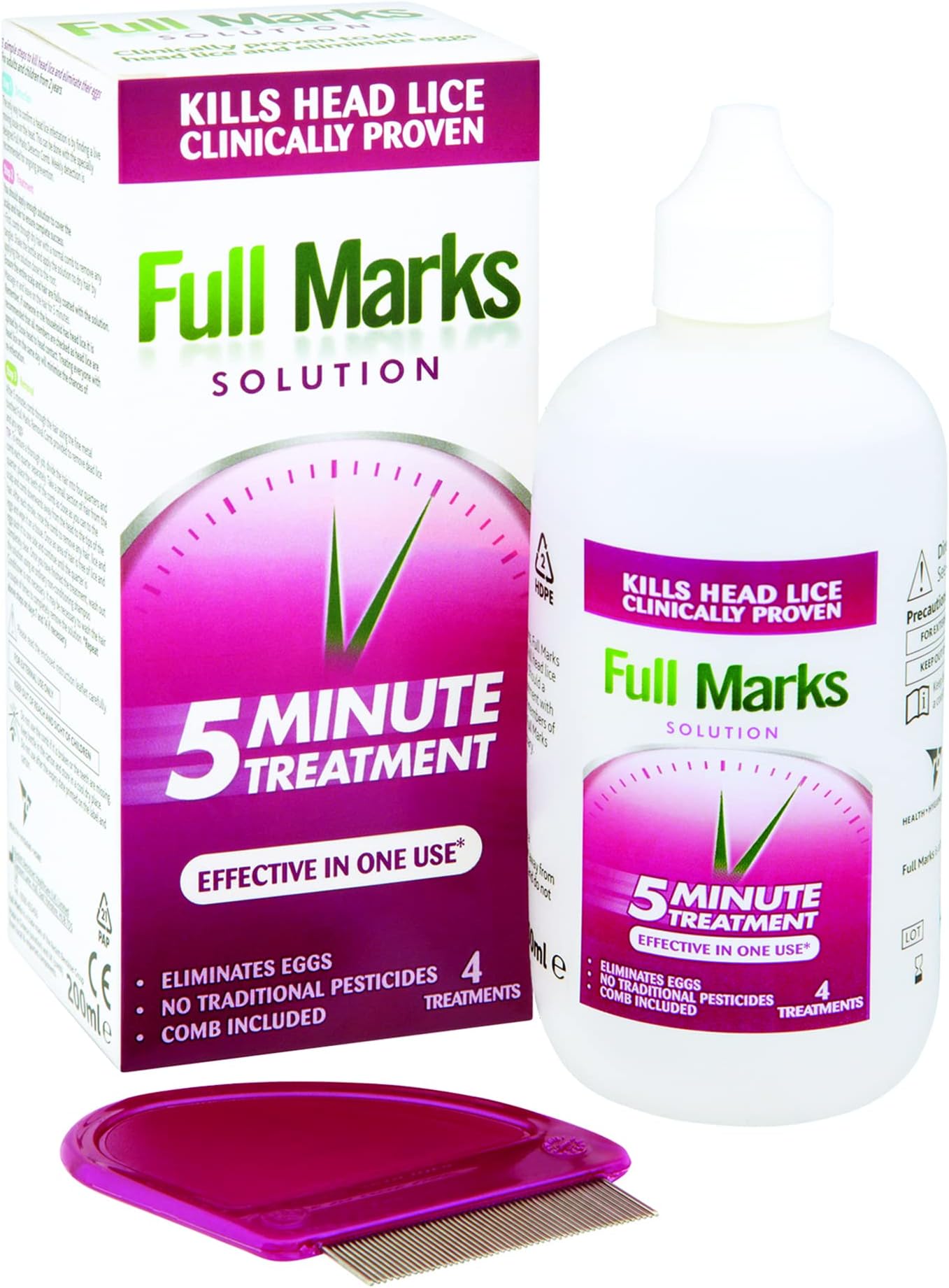 Full Marks Solution 4 Treatments, to Kill Head Lice and Nit Eggs Solution with Nit Comb Included, 200 ml, Pack of 1