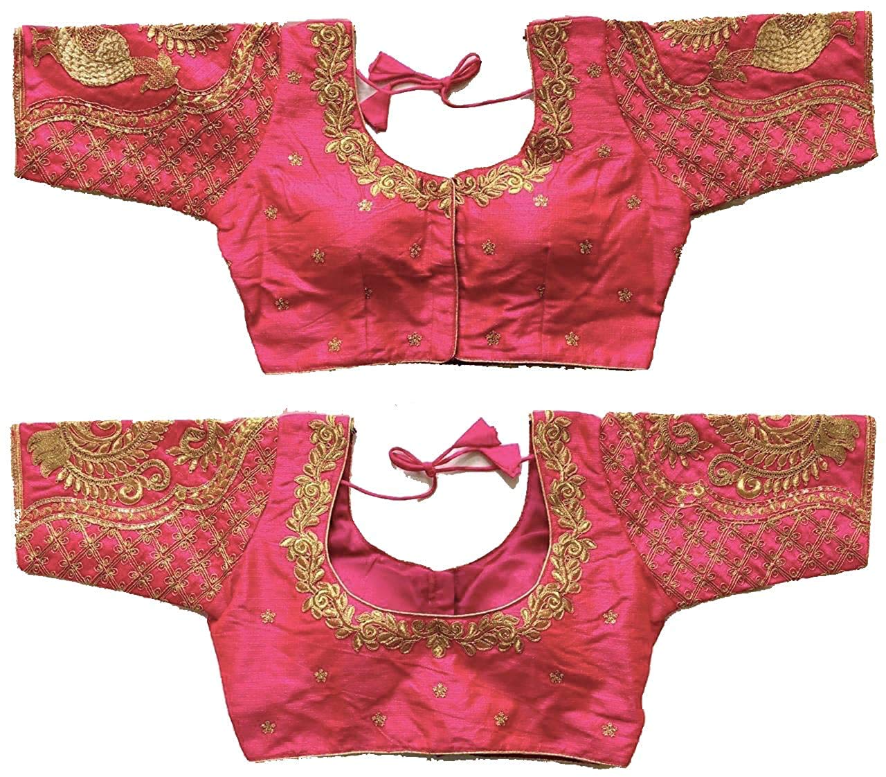 Vihu Fashion Women's Multicolor Phantom Silk Peacock Half Sleeves Saree Blouse (Mor Blouse_Gajari_38 Size)