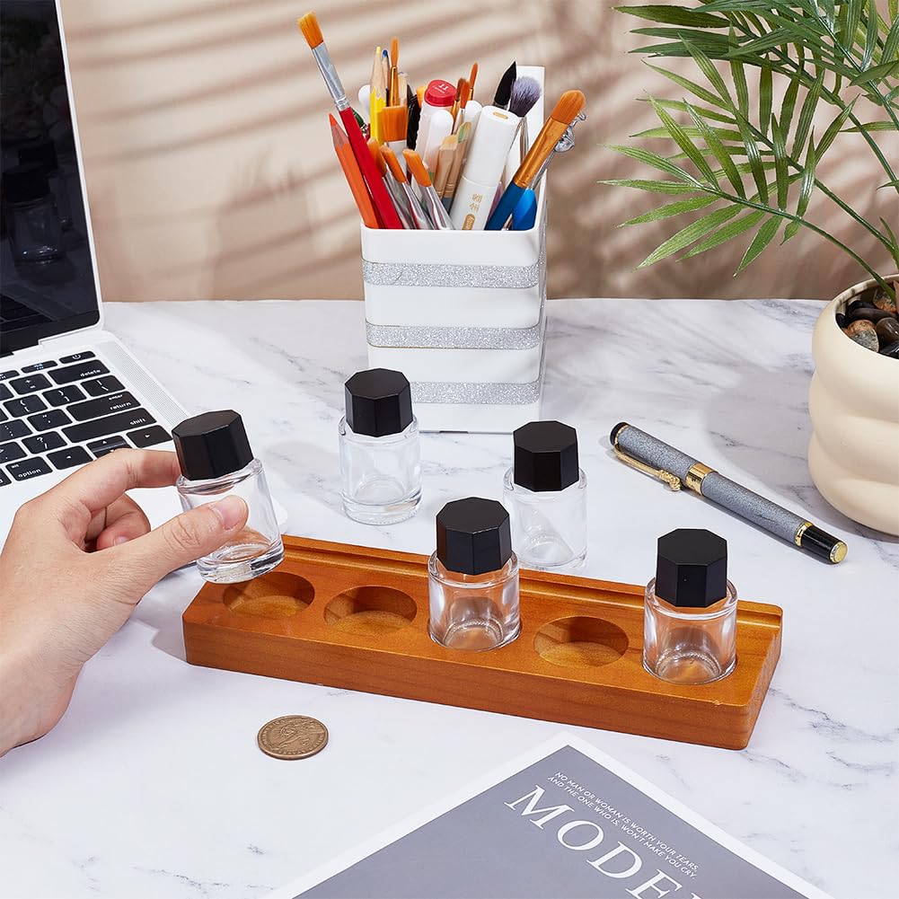 BENECREAT 5-Hole Calligraphy Ink Pot Holder Set, Wood Bottle Organizer Stands & 5Pcs Glass Fountain Pen Ink Bottle15ml/ 0.5oz Decorative Desk Organizer for Office and Home Writing - Image 3