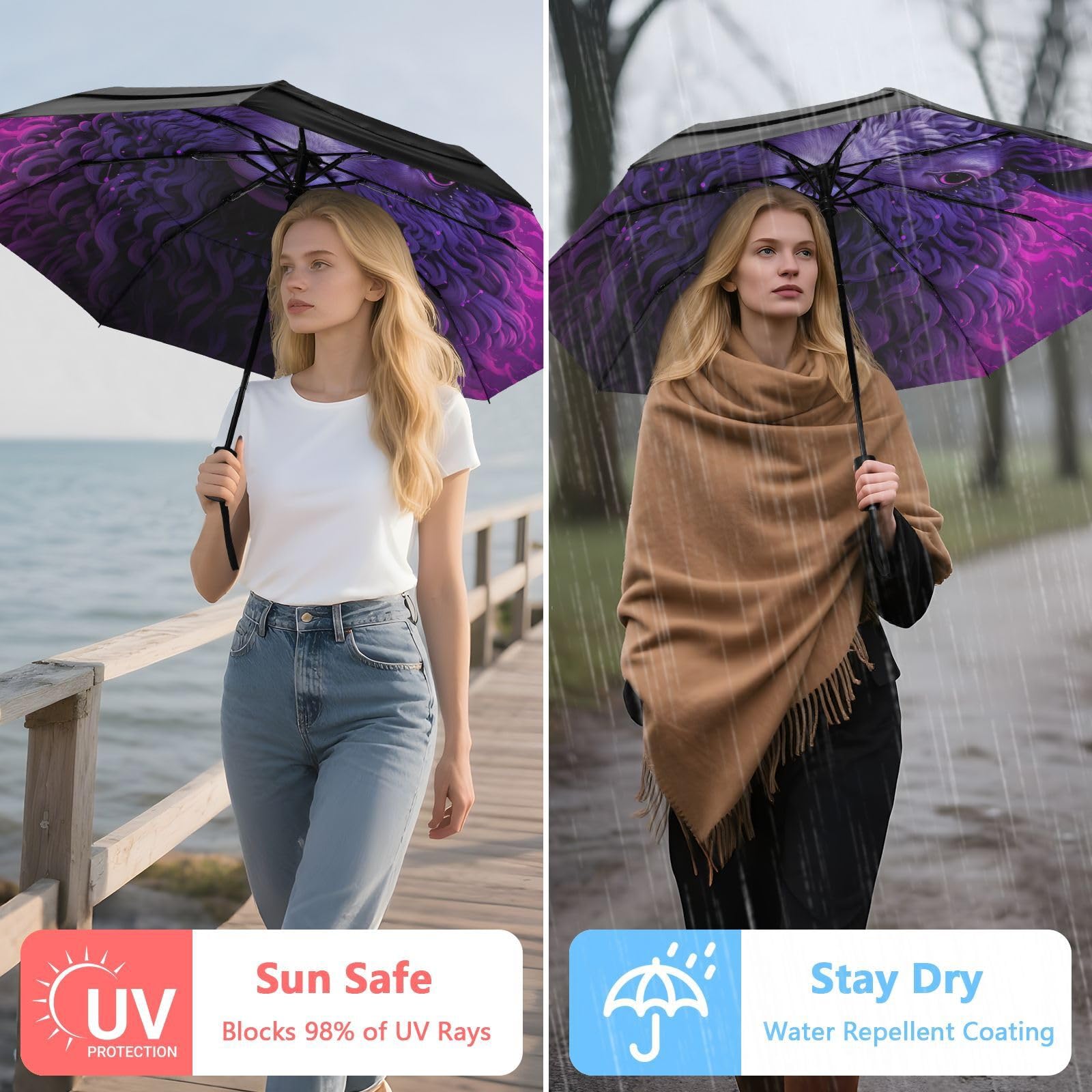 Oveja PúRpura Fresca Paraguas de Viaje Resistente al Viento Apertura Cierre AutomáTicos,Compacto con ProteccióN Solar UPF 50+ Ideal para JóVenes Chicas